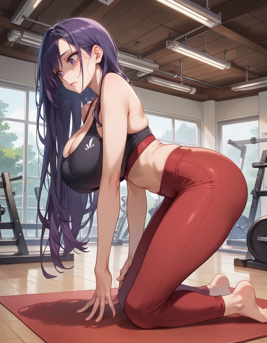 ai_generated all_fours gym historyia leggings long_hair midriff original original_character sports_bra witch_gem_disaster yoga_mat yoga_pants