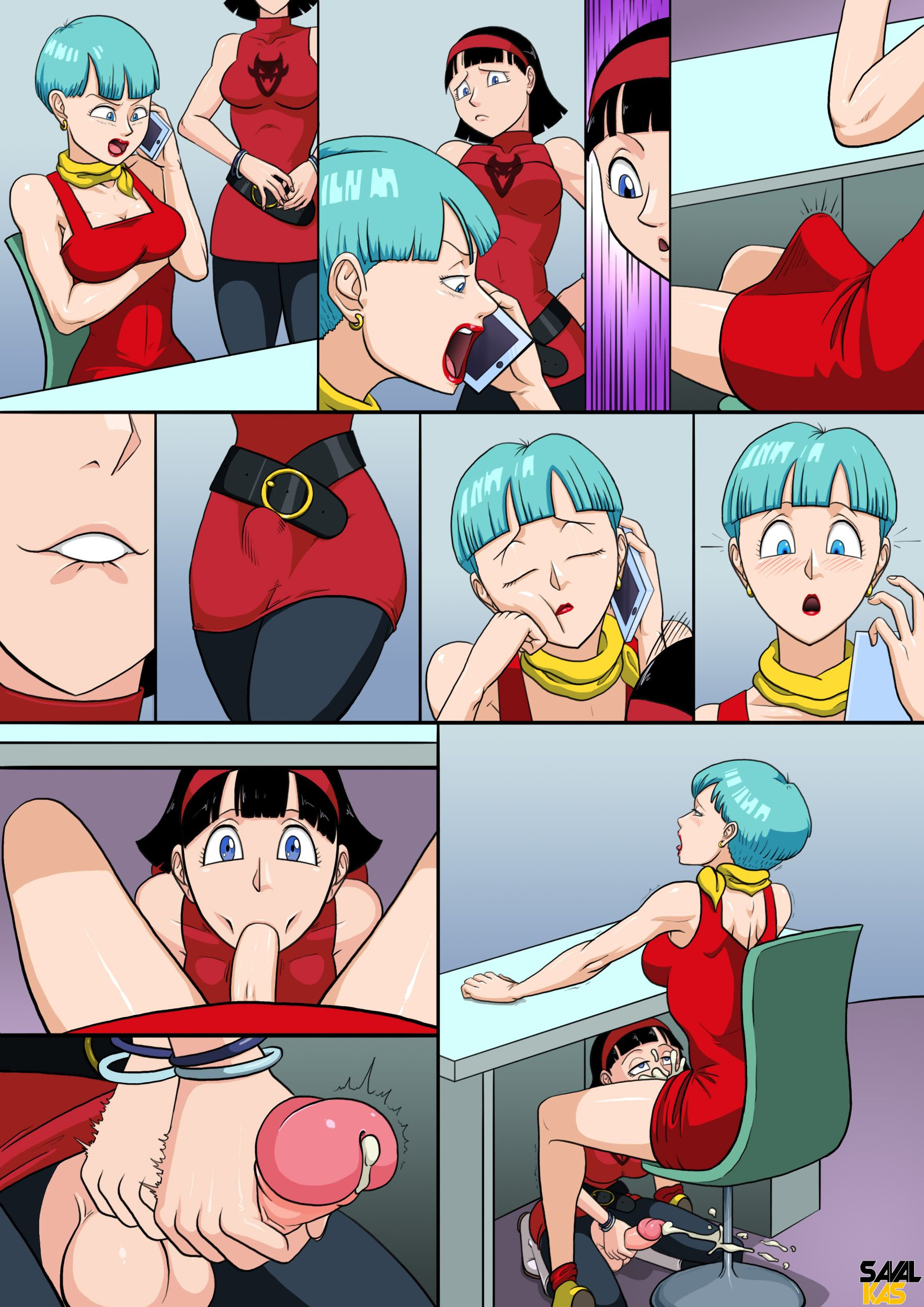 2futas, angry, balls, biting lip, black hair, blue eyes, blue hair, bulma briefs, cleavage, cum, cum in mouth, cum inside, cumshot, dickgirl, dickgirl/dickgirl, dragon ball, dragon ball super, dragon ball z, earrings, ejaculation, erection, erection under clothes, fellatio, female, futa on futa, futa only, futanari, hairband, hourglass figure, intersex, kneeling, lipstick, masturbation, milf, oral, penis, penis under skirt, phone, precum, savalkas, testicles, under the table, videl, voluptuous
