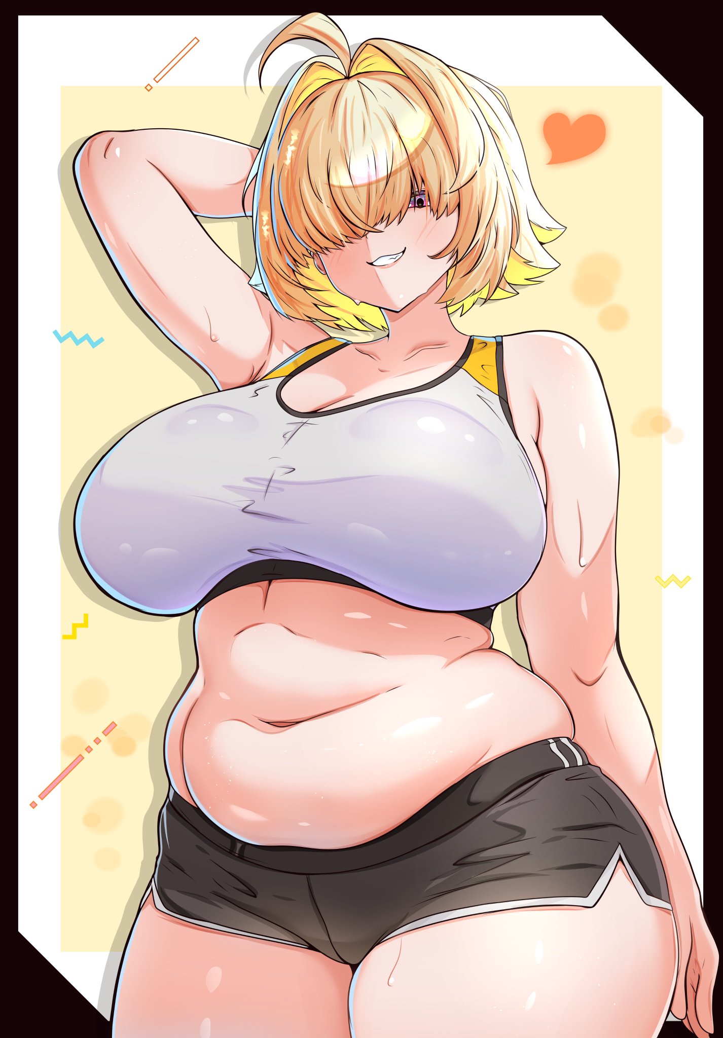 1girls, bare shoulders, blonde hair, breasts, chin length hair, chubby, chubby belly, chubby female, elegg (nikke), female, female only, goddess of victory: nikke, hair over one eye, large breasts, looking at viewer, midriff, mrrollingcircle, navel, pale skin, pale-skinned female, purple eyes, shorts, thick thighs, two-tone hair, wide hips