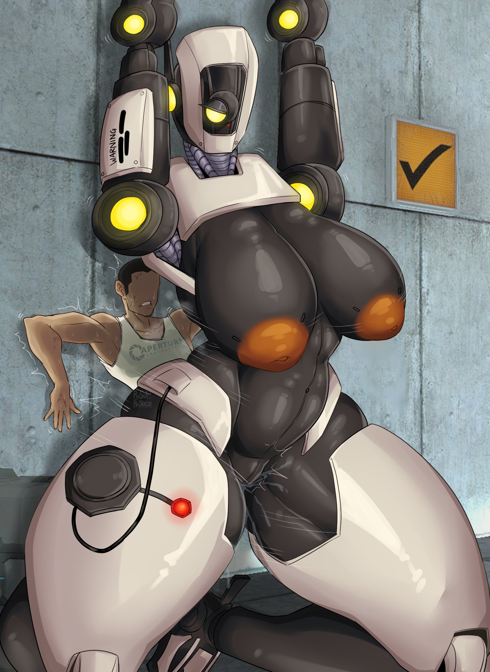 1 eye, 1boy, 1girls, anus, areola, ass, big areola, big ass, big breasts, big nipples, big thighs, breasts, dildo, dildo in pussy, female, female focus, femdom, gigantic ass, gigantic thighs, glados, glados (humanoid), huge areola, huge ass, huge breasts, huge nipples, huge thighs, human, human on robot, hyper, hyper ass, hyper breasts, hyper thighs, inverted nipples, male, nipples, penetration, penis, portal (series), portal 2, pussy, robot, robot girl, robot humanoid, ryosuart, size difference, smaller male, spread legs, spreading, straight, tall female, taller female, textless, textless version, thick hips, thick thighs, thighs, yellow eyes