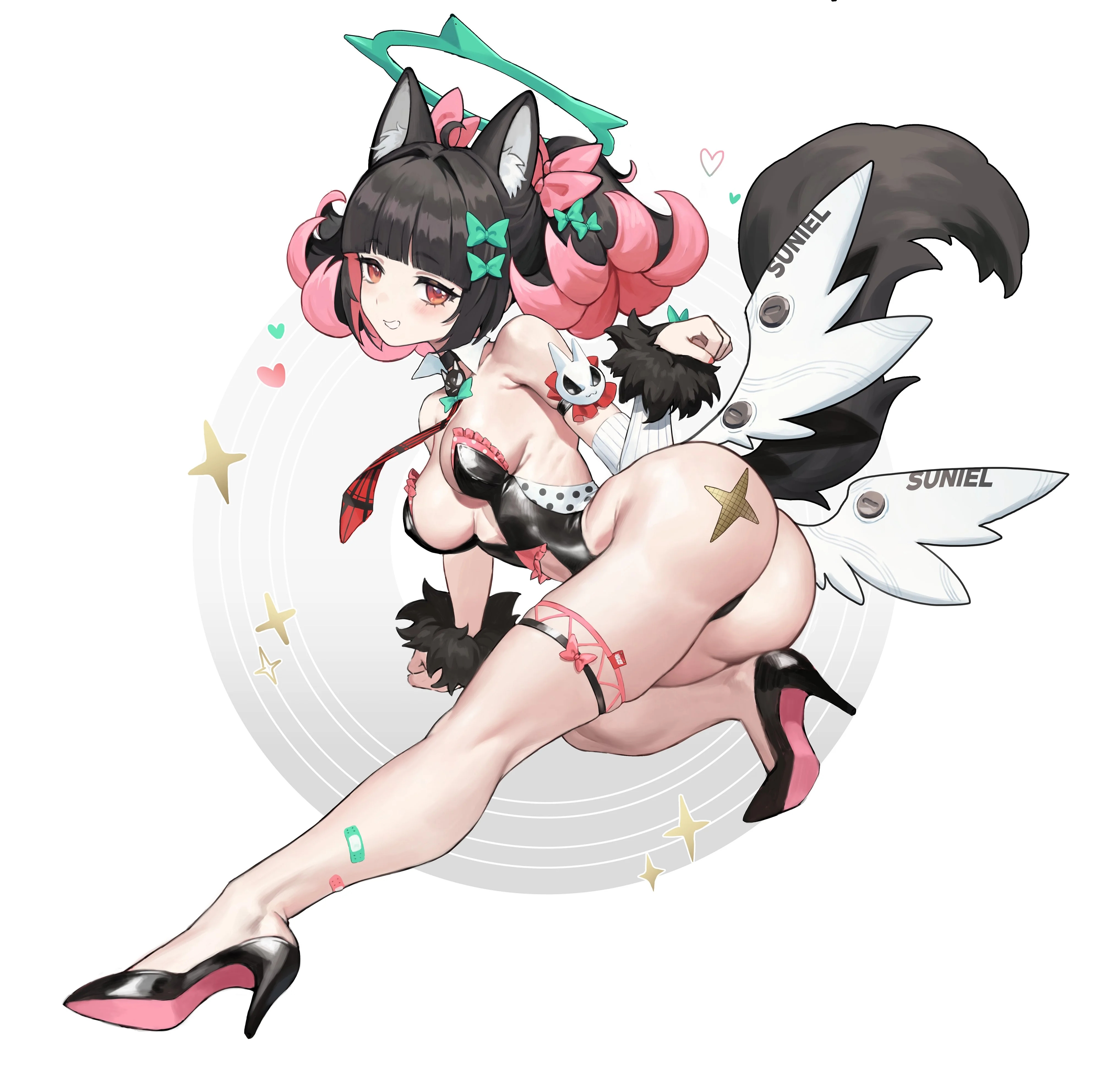 1girl, absurd res, angels of delusion, animal ears, artist request, ass, blush, cleavage, female, female focus, female only, high heels, highres, long legs, medium breasts, medium hair, nangong yu (zenless zone zero), pale skin, pale-skinned female, simple background, tail, thigh strap, twintails, two-tone hair, white background, wings, zenless zone zero