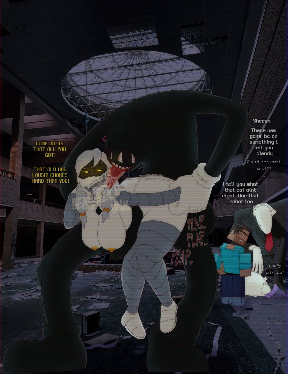 1boy, 1girls, abrahamslapper, cartoon cat, choking, choking while penetrating, creepypasta, cyn (murder drones), cyntessa (murder drones), female, herobrine, holding up female, holding up other character, male, male/female, murder drones, plapping, plapping big butt, saliva, saliva string, saliva trail, slenderman, stomach bulge, teasing, uzi (murder drones)