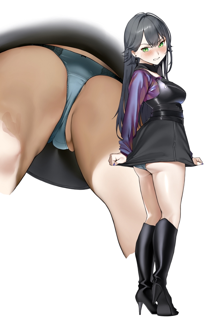 1girl, ass, black boots, blue panties, blush, boots, breasts, clenched teeth, commentary request, crotch seam, dress, dress tug, earrings, gakuen idolmaster, green eyes, high heel boots, high heels, idolmaster, jewelry, long hair, medium breasts, microdress, panties, pantyshot, satin, satin panties, saya endo (27), shiny skin, simple background, skirt, skirt tug, solo, standing, teeth, thighs, tsukimura temari, underwear, upskirt, white background