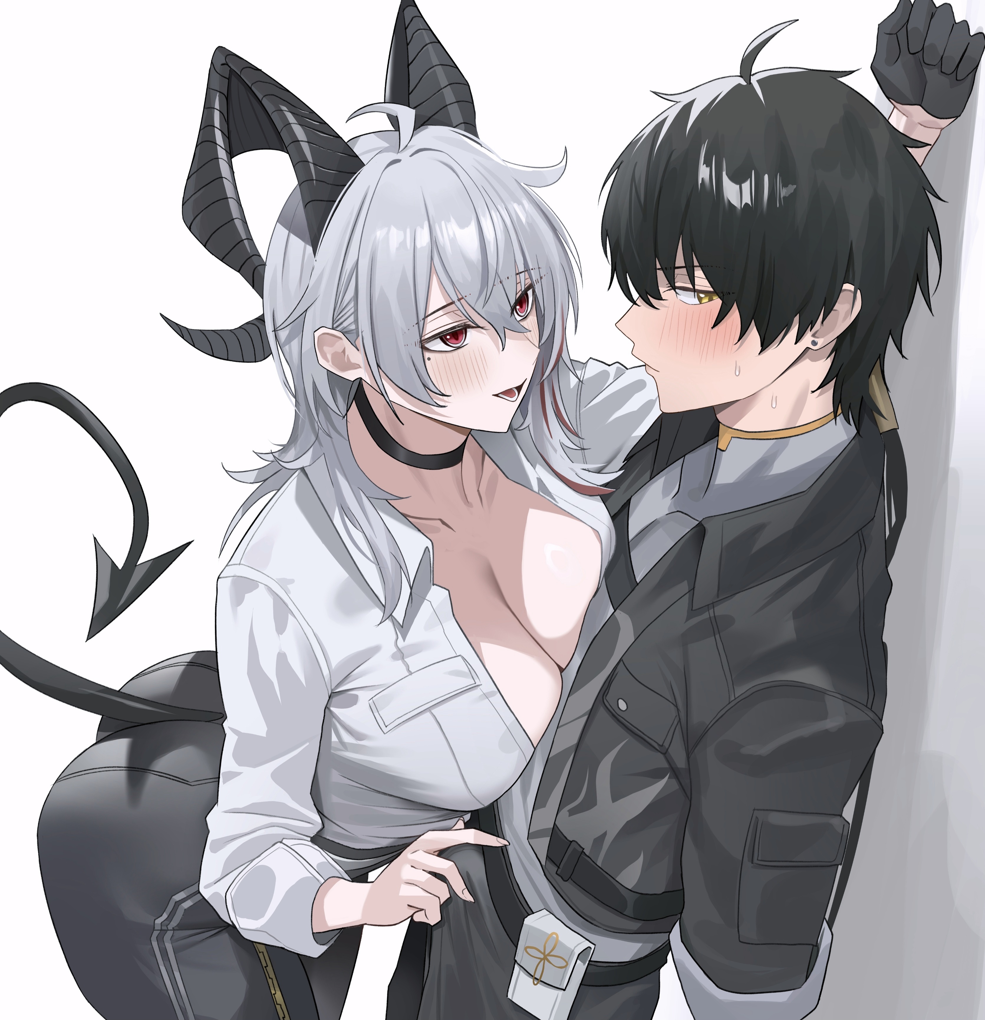 1boy, 1girls, black hair, demon horns, demon tail, hi res, highres, huge ass, huge breasts, male, male rover (wuthering waves), masturbation, mole under eye, red eyes, rover (wuthering waves), short hair, straight, touching penis, unrulyfriedrice, white hair, wuthering waves, yellow eyes, zani (wuthering waves)