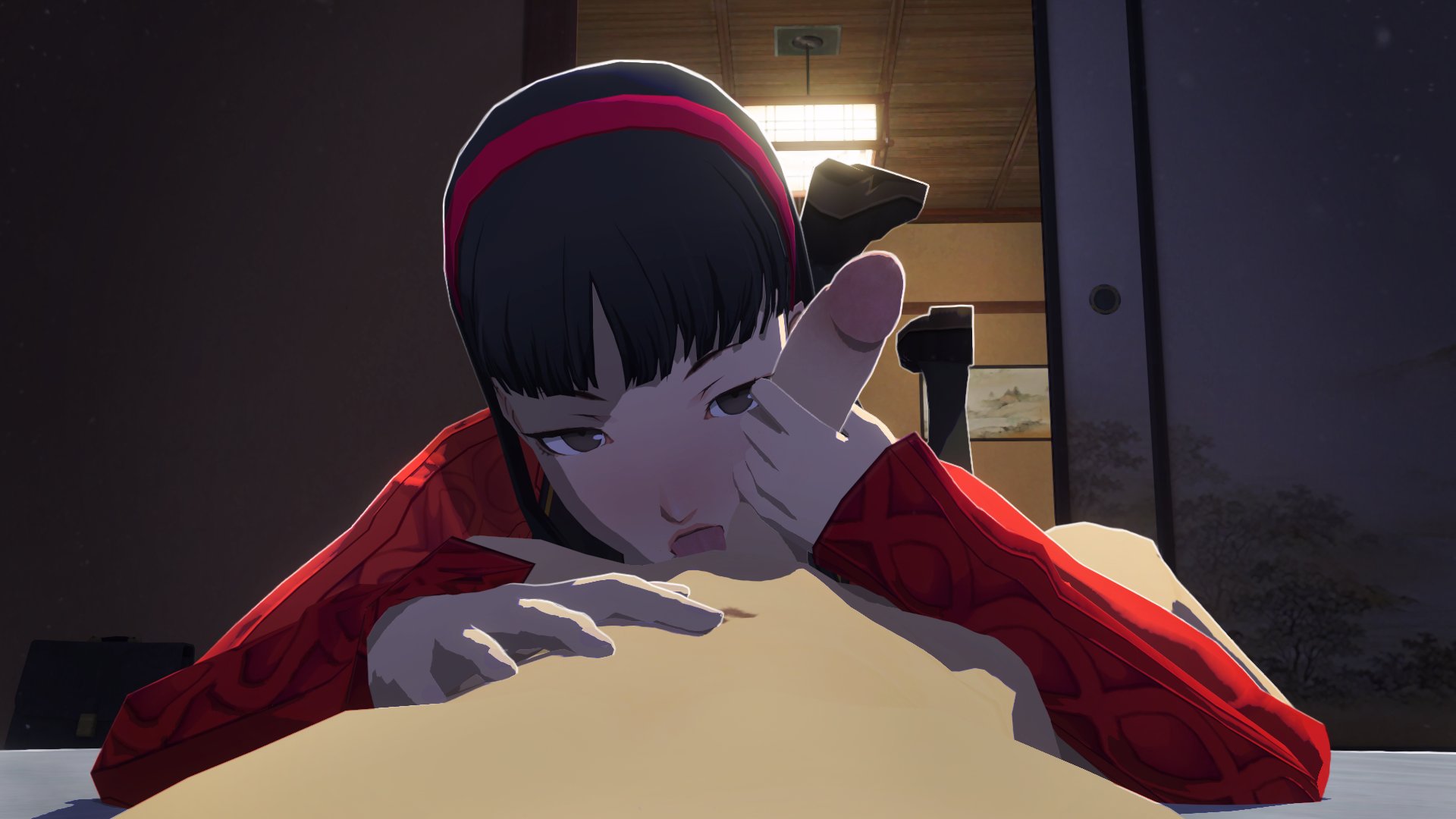 1boy, 1girl, 3d, amagi yukiko, balls lick, bangs, black hair, blush, handjob, hotel room, licking balls, persona, persona 4, red hairband, schoolgirl, seductive look, short bangs, uriziel38, yukiko amagi