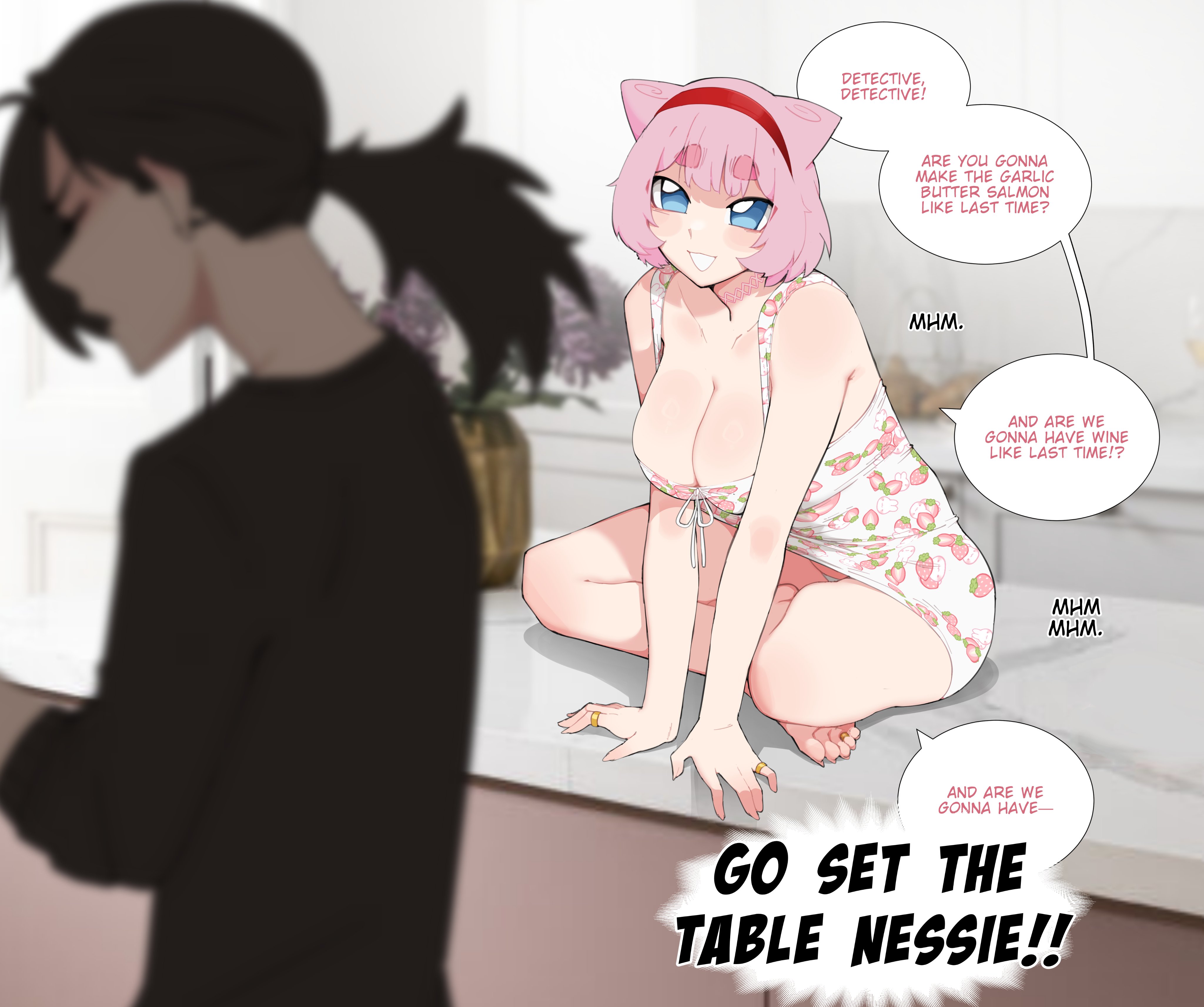1boy, 1girls, absurd res, black hair, blue eyes, blurry foreground, cleavage, crossed legs, dialogue, english text, female, female focus, funny, generation 1 pokemon, hairband, humanized, humanized pokemon, legendary pokemon, luxurias, male, mew, mythical pokemon, nintendo, pink hair, pokemon, pokemon (species), ponytail, sitting, sitting on table, speech bubble, vanessa (luxuriass)