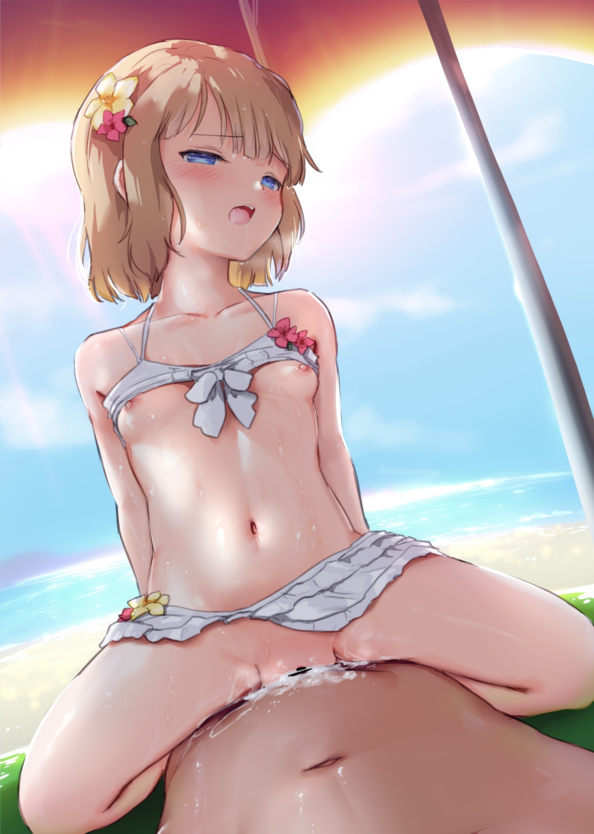 1girl, bar censor, bikini, bikini bottom, bikini bottom lift, bikini top, bikini top lift, bottomless, breasts, brown hair, cameltoe, censored, cowgirl position, cum, cum in pussy, cum inside, cum on penis, cum out pussy, cumshot, flat chest, frilled bikini, girl on top, idolmaster million live!, insertion, namahyou, orgasm, pussy, sex, shirt, small breasts, straight hair, suou momoko, vaginal, vaginal insertion, vaginal penetration, vaginal sex