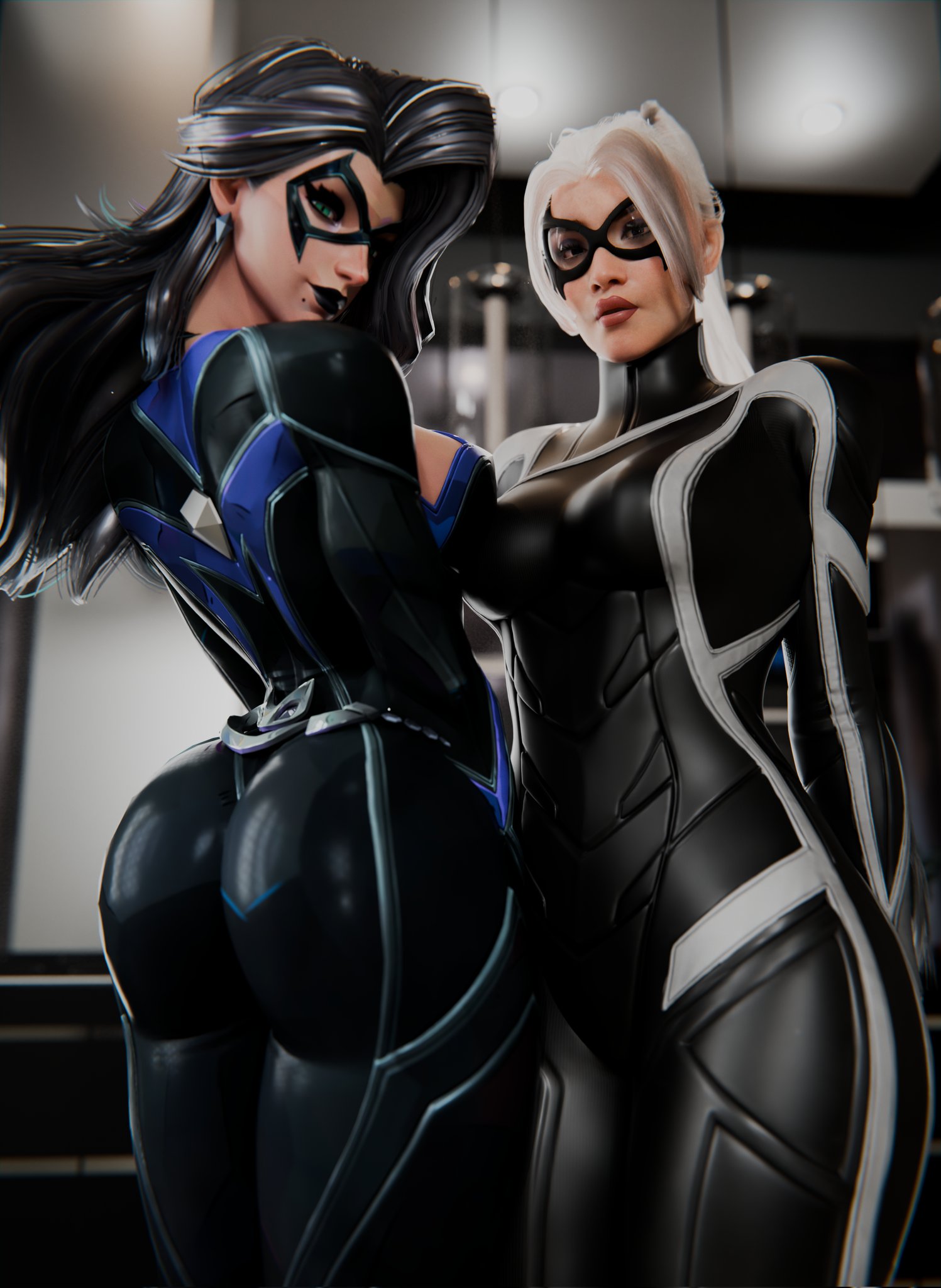 2026, 2girls, 3d, black cat (insomniac), black cat (marvel rivals), black cat (marvel), bodysuit, bubble ass, bubble butt, dat ass, felicia hardy, female, female only, hi res, kiart2055, looking at viewer, marvel, marvel comics, marvel rivals, multiversal counterpart grouping, shiny, shiny clothes, skin tight, spider-man (insomniac series), spider-man (ps4), spider-man (series), square crossover, tight clothes, tight clothing, white hair, white hair female