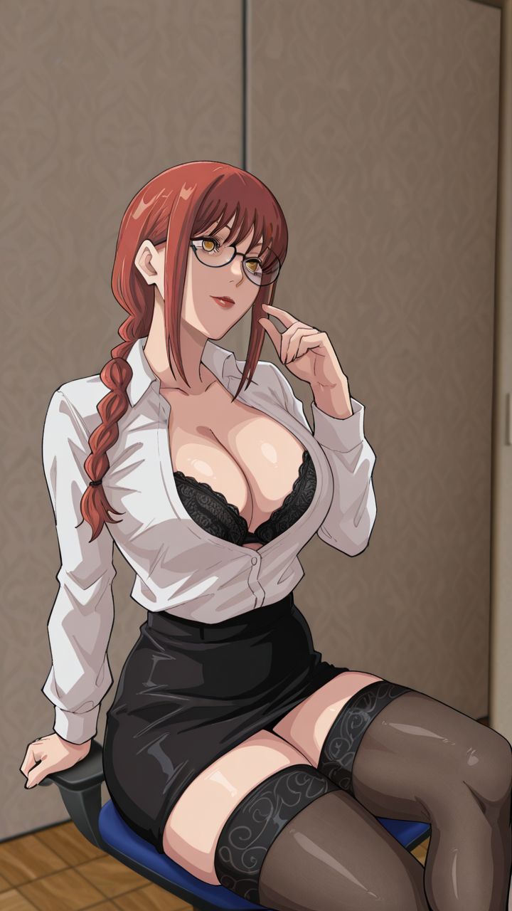 1girls, ai generated, big boobs, big breasts, blouse, bra, chainsaw man, chair, curvy, curvy female, curvy figure, female, female only, glasses, huge breasts, large breasts, light skin, light-skinned female, makima (chainsaw man), mature female, milf, pencil skirt, red hair, ringed eyes, shao145, shiny skin, shirt, sitting, sitting on chair, skirt, solo, solo female, stockings, yellow eyes