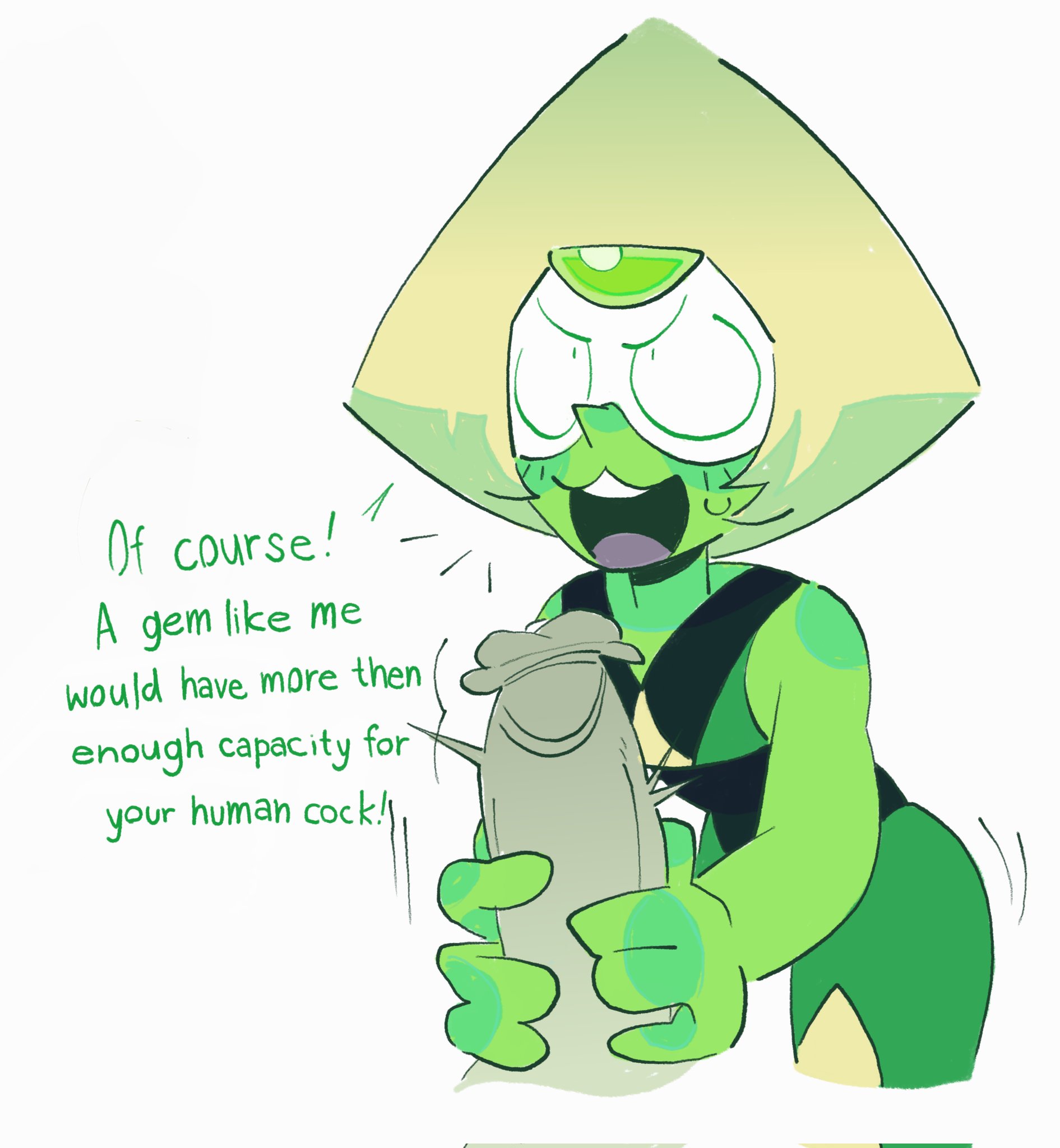 1boy, 1girls, color, dialogue, english text, female, female focus, green body, green skin, hetero, holding penis, huge cock, human, leaning forward, looking at partner, male, naked, naked male, open eyes, open mouth, overconfident, penis, peridot (gem), peridot (steven universe), real saming, simple background, steven universe, steven universe future, straight, stroking penis, sweatdrop, text, thighs, twitter link, white background