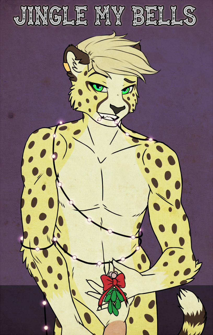 2019 acino acino_(artist) anthro black_nose blonde_hair cheetah christmas claws ear_piercing english_text feline flaccid fur green_eyes grin hair holidays looking_at_viewer male male_only mammal mistletoe nude penis piercing plant simple_background smile solo spots spotted_fur standing teeth text