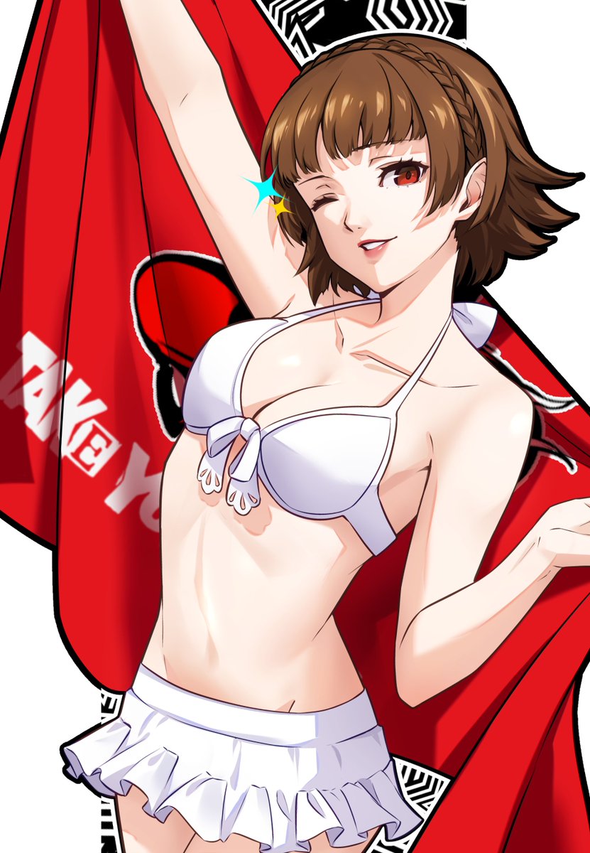 1girl, 1girls, arm up, bangs, bare arms, bare shoulders, bikini, bikini skirt, blunt bangs, braid, breasts, brown hair, cleavage, collarbone, commentary, commission, cowboy shot, crown braid, english commentary, front-tie bikini, front-tie bikini top, front-tie top, halterneck, highres, holding, holding towel, lips, looking at viewer, makoto niijima, makoto niijima (swimsuit), medium breasts, navel, official alternate costume, one eye closed, parted lips, persona, persona 5, red eyes, short hair, smile, solo, sparkle, stomach, striped, swimsuit, tagme, towel, wanderstillart, white bikini, white bikini only