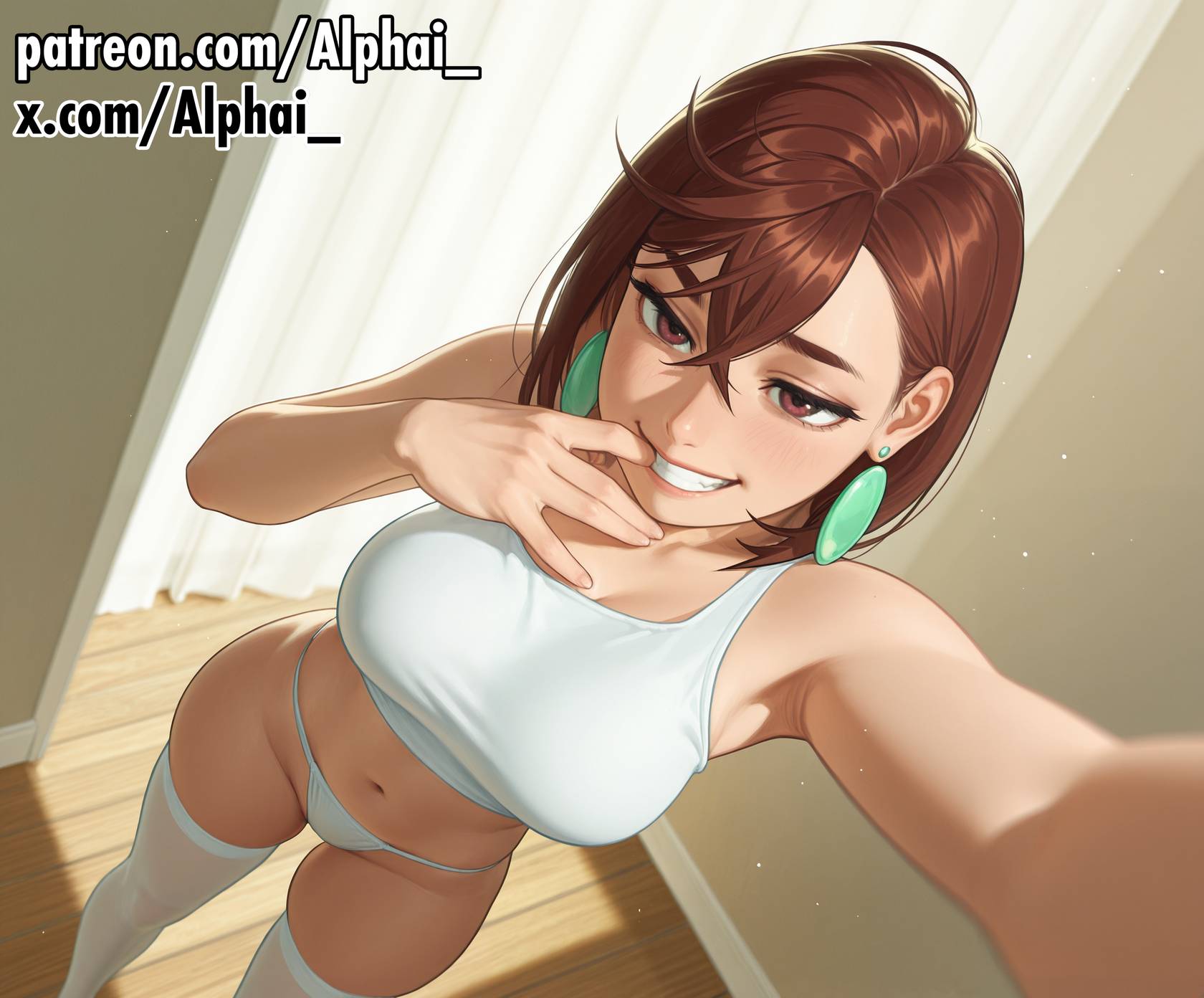 1girl, 2025, 2026, absurd res, absurdres, ai, ai art, ai assisted, ai generated, ai-created, alphai, ayase momo, blushing, brown eyes, brown hair, cinematic lighting, colorful background, crop top, dandadan, depth of field, detailed background, detailed hair, detailed skin, dramatic shadows, dutch angle, feet visible, female, female only, finger on lip, from above, green earrings, grin, high quality, high resolution, highres, looking at viewer, medium breasts, naughty face, particles, patreon, patreon link, patreon url, patreon username, raised eyebrows, selfie, semirealistic, skindentation, standing, thick thighs, volumetric lighting, white thighhighs, white thong