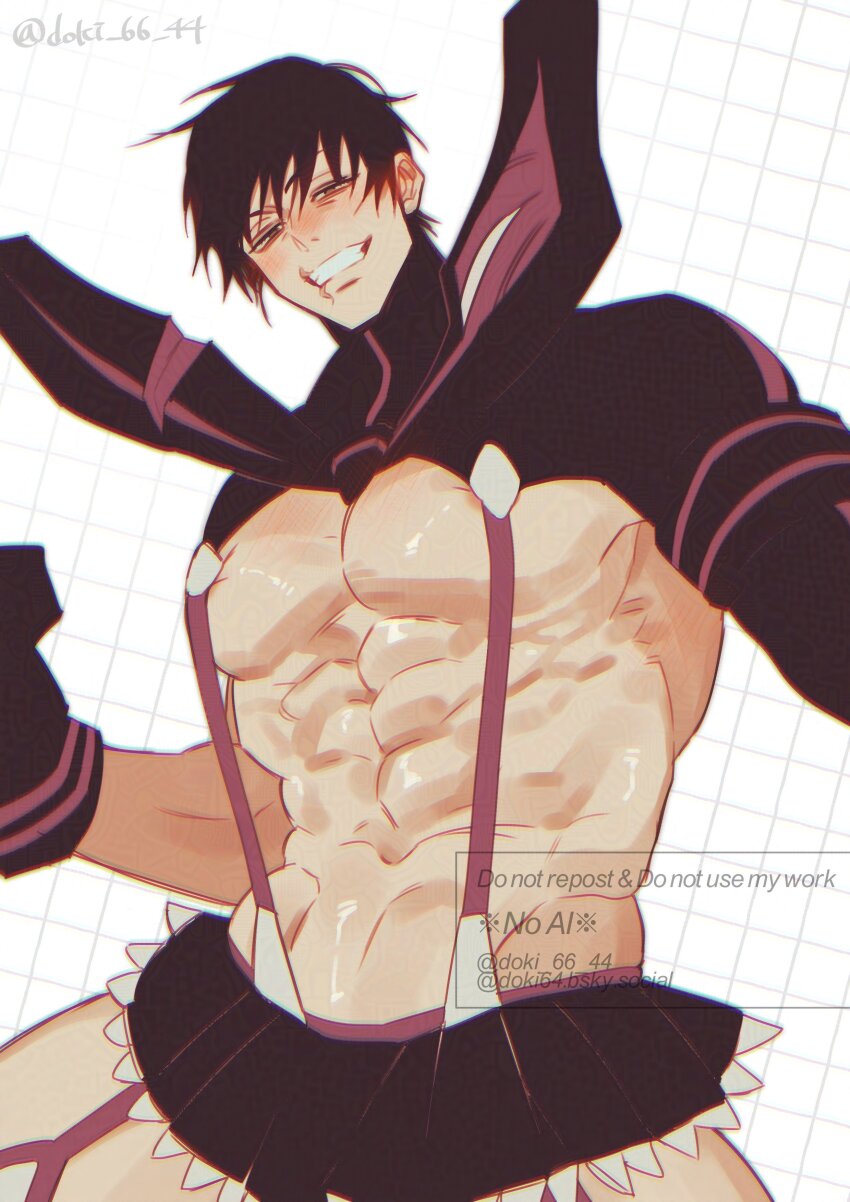 1boy, ambush (trap), blush, crossdressing, dilf, femboy, femboy dilf, jujutsu kaisen, kamui (kill la kill), kill la kill, male, male only, man tits, masculine crossdresser, miniskirt, muscles, muscular femboy, muscular male, revealing clothes, scar, senketsu, slutty male, solo, toji fushiguro