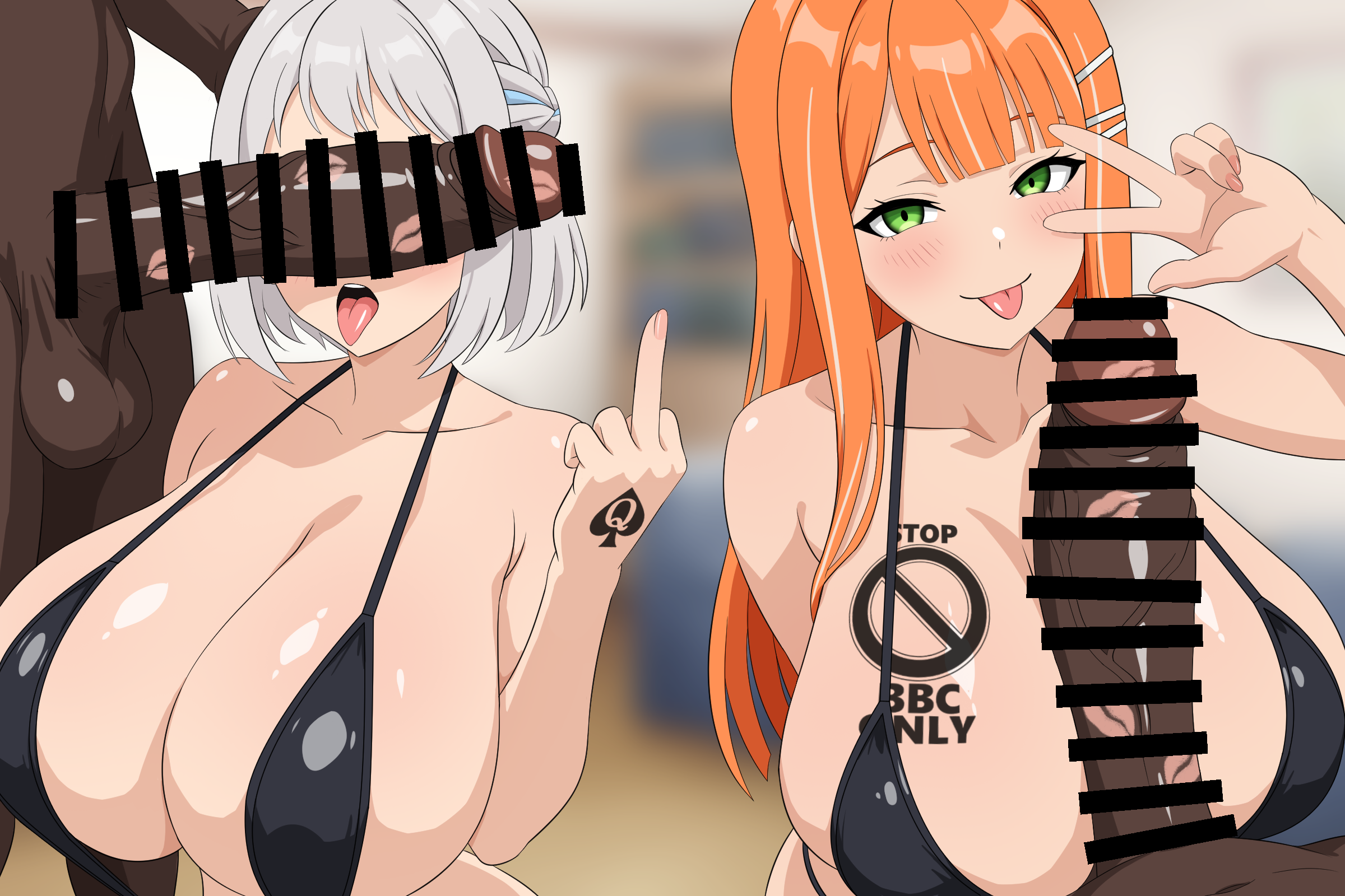 2boys, 2girls, alternate breast size (larger), armpit crease, bar censor, blacked female, blush, breast tattoo, breasts, censored, closed mouth, collarbone, commentary request, dark skin, dark-skinned male, erection, gakuen idolmaster, grey hair, hair ornament, hairclip, hand tattoo, hand up, highres, huge breasts, huge penis, idolmaster, interracial, katsuragi lilja, lipstick mark, lipstick mark on penis, long hair, looking at viewer, medium hair, middle finger, migikoba, multiple boys, multiple girls, no symbol tattoo, open mouth, orange hair, paid reward available, penis, penis on ass, penis on face, penis over eyes, penis rest, qos, qos tattoo, queen of spades, queen of spades symbol, queen of spades tattoo, race fetishism, race fetishism symbol, shiun sumika, sidelocks, slingshot swimsuit, spade (shape), spade tattoo, swimsuit, tattoo, tongue, tongue out, veins, veiny penis, very dark skin, w