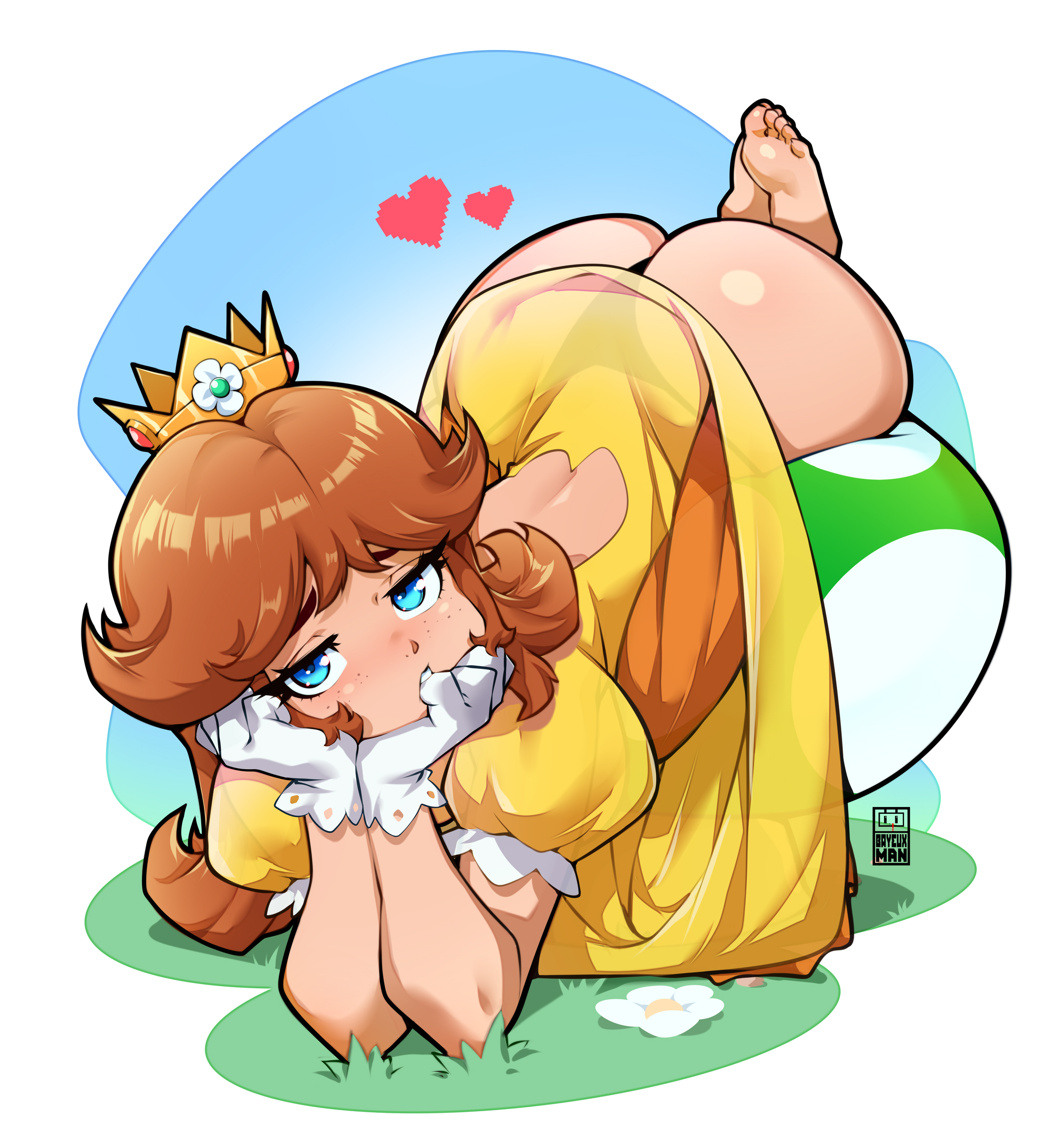 1girl, ass, barefoot, bayeuxman, black panties, blue eyes, brown hair, commentary request, crown, dress, feet, freckles, freckles on face, gloves, heart, highres, huge ass, long hair, looking at viewer, mario (series), nintendo, panties, princess daisy, puffy short sleeves, puffy sleeves, short sleeves, soles, solo, underwear, white gloves, yellow dress
