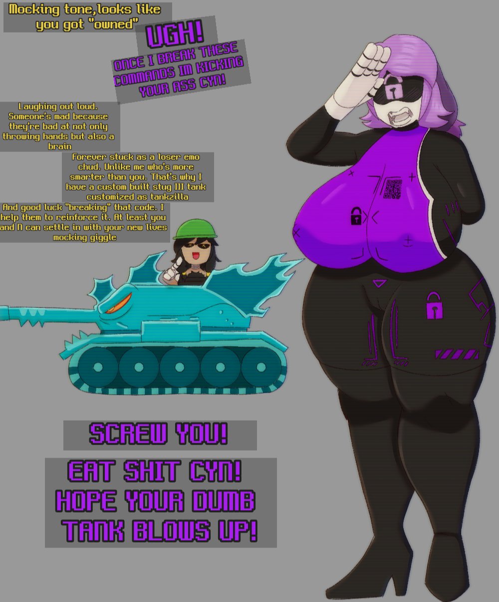 2girls, abrahamslapper, cyn (murder drones), dialogue, female, female only, forced submission, fully clothed, hype ass, hyper, hyper breasts, making fun of, murder drones, nipples, nipples visible through clothing, pussy visible through clothes, salute, slave, slut shaming, submissive female, tank, text, text box, uzi (murder drones)