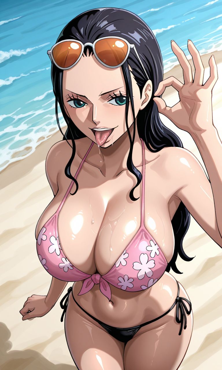 1girls, ai generated, big breasts, bikini, black hair, black-haired female, curvy, curvy female, curvy figure, female, female only, huge breasts, large breasts, light skin, light-skinned female, looking at viewer, mature female, nico robin, one piece, shao145, shiny skin, solo, thong, thong bikini