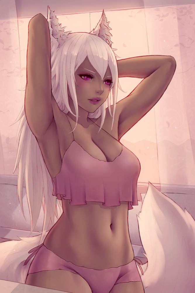 breasts, cat girl, catgirl, cleavage, female, female only, lingerie, long hair, panties, solo, soranamae, tan skin, white hair