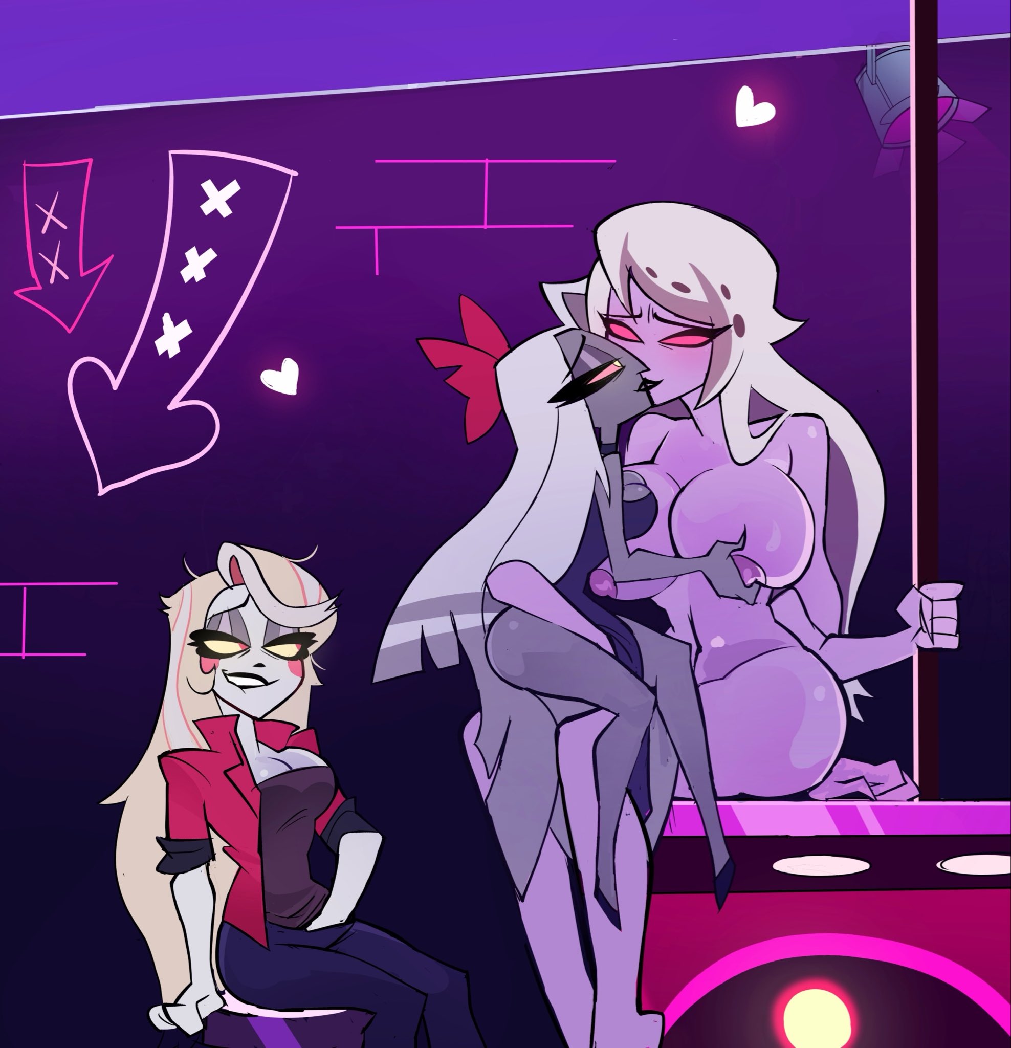 big breasts, breast grab, breasts, charlie morningstar (hazbin hotel), clothed, clothing, consensual cuckquean, cuckquean, darkmessiah2000, darkmessiah2000 (artist), female, female only, female/female, fingering, hazbin hotel, hellaverse, kissing, large breasts, lesbian kiss, long hair, masturbation, medium breasts, nipples, nude, nude female, open mouth, open smile, pleasure face, purple body, smile, stripper pole, teeth, thick thighs, trio, vaggie (hazbin hotel), vagina, vaginal masturbation, vaginal penetration, yuri