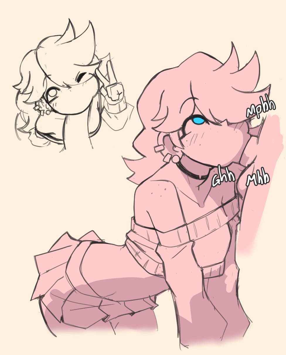 1boy, 1girls, 2026, blue eyes, choker, choker snapping, clothing, docecaedrus, ear piercing, earrings, fellatio, female, female focus, hair over one eye, monochrome, one eye obstructed, party girl (terraria), peace sign, penis, penis in mouth, shoulders, sketch, skirt, snapped choker, sucking, sucking penis, terraria, throat bulge, wink