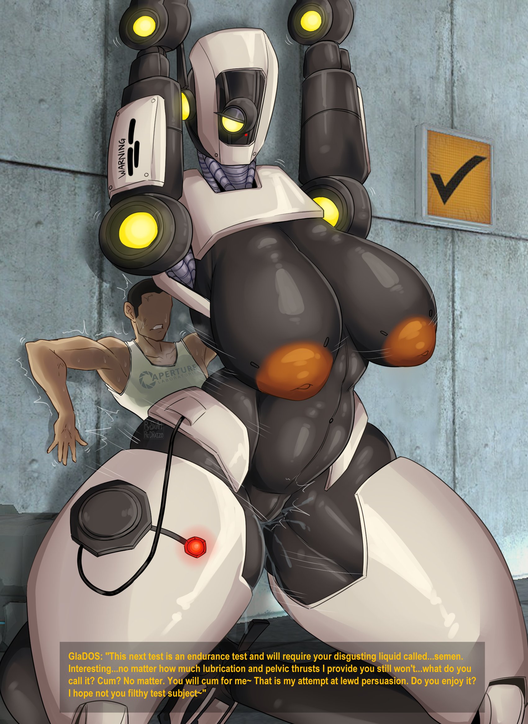 1 eye, 1boy, 1girls, anus, areola, ass, big areola, big ass, big breasts, big nipples, big thighs, breasts, dialogue, dildo, dildo in pussy, female, female focus, femdom, gigantic ass, gigantic thighs, glados, glados (humanoid), huge areola, huge ass, huge breasts, huge nipples, huge thighs, human, human on robot, hyper, hyper ass, hyper breasts, hyper thighs, inverted nipples, male, nipples, penetration, penis, portal (series), portal 2, pussy, robot, robot girl, robot humanoid, ryosuart, size difference, smaller male, spread legs, spreading, straight, tall female, taller female, text, thick hips, thick thighs, thighs, yellow eyes