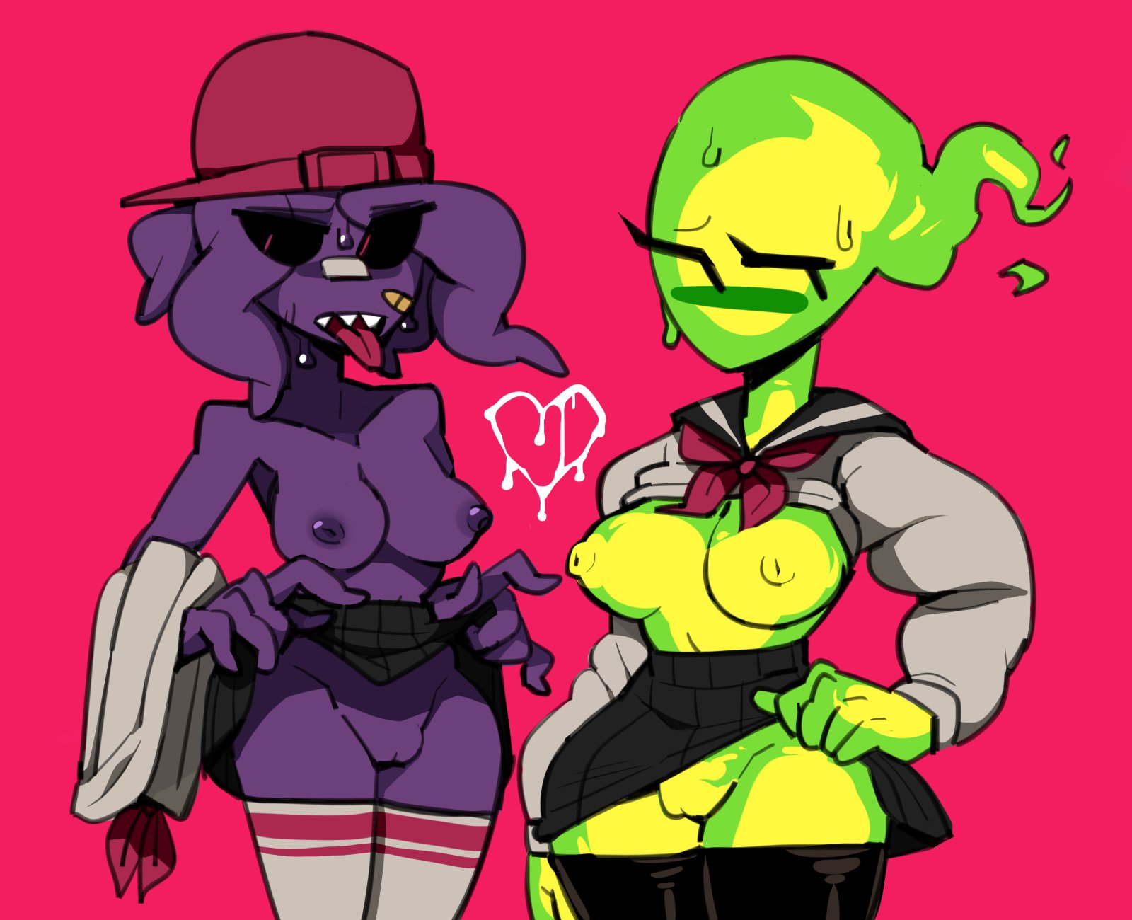 2girls, bandaid, baseball cap, black thighhighs, blush, blushing, breasts, breasts out, chobobnsfw, cleavage, clothes lift, elemental creature, elemental humanoid, embarrassed, female, female focus, fire elemental, fuku fire, green body, green skin, heart, large breasts, latex thighhighs, lifted by self, looking away, medium breasts, midriff peek, miniskirt, mob face, monster girl, nipples, no bra, no panties, no underwear, presenting, presenting pussy, purple skin, pussy, red background, school uniform, serafuku, shirt lift, simple background, skateboard girl, skirt, skirt lift, sweat, sweating, tentacle hair, thick thighs, thighhighs, tongue out, topless, undertale, undertale (series), undressing, unworn shirt, white thighhighs, wide hips
