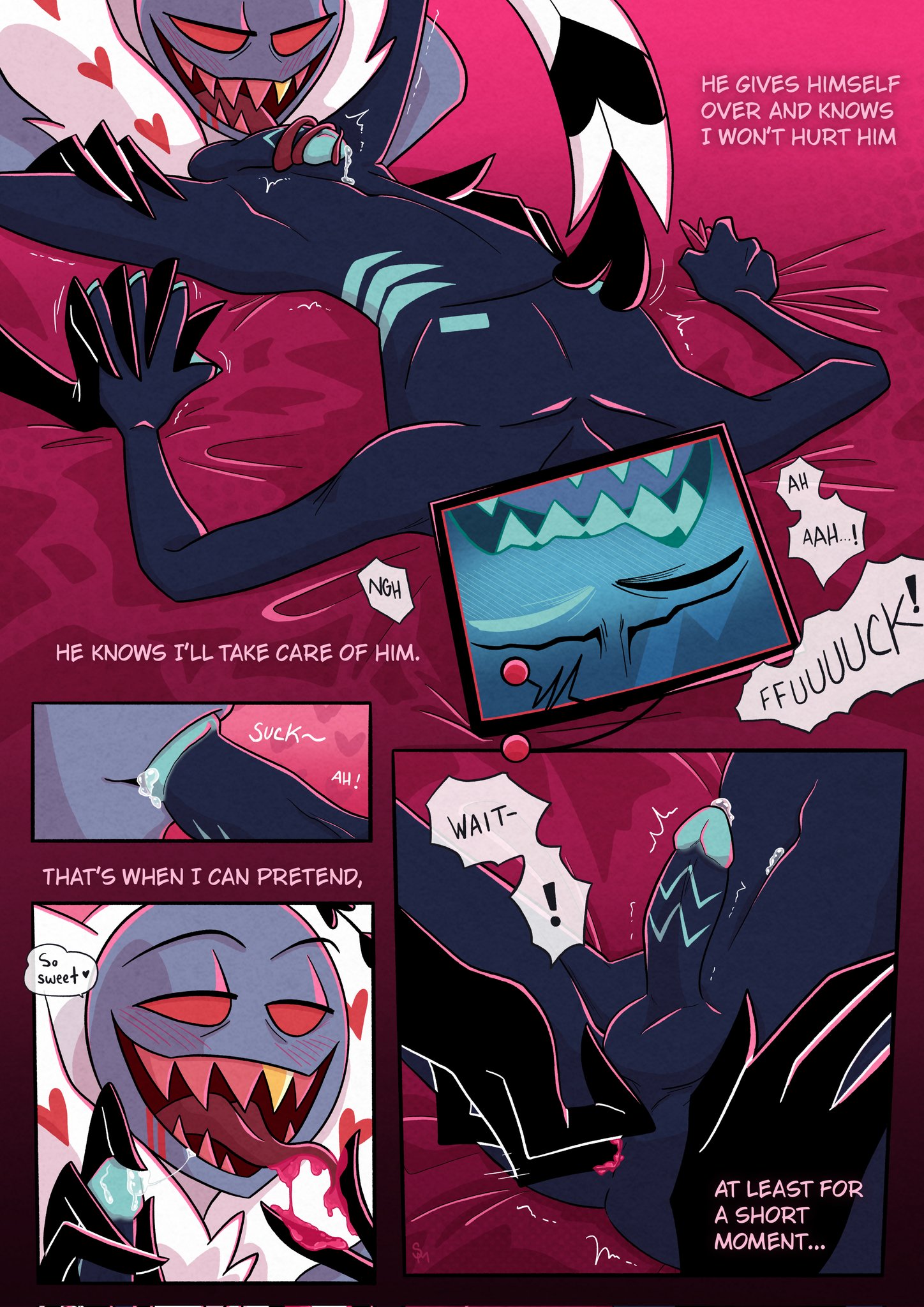 2boys, anal fingering, anal insertion, antennae, bedsheets, blush, clutching sheets, comic, comic page, dialogue, erection, foreplay, gay, hazbin hotel, hellaverse, holding hands, inner monologue, kissing penis, long tongue, male, male only, penis, precum, saliva, schaychaym, submissive male, tongue, tongue out, tv head, valentino (hazbin hotel), vox (hazbin hotel), vulnerable, yaoi