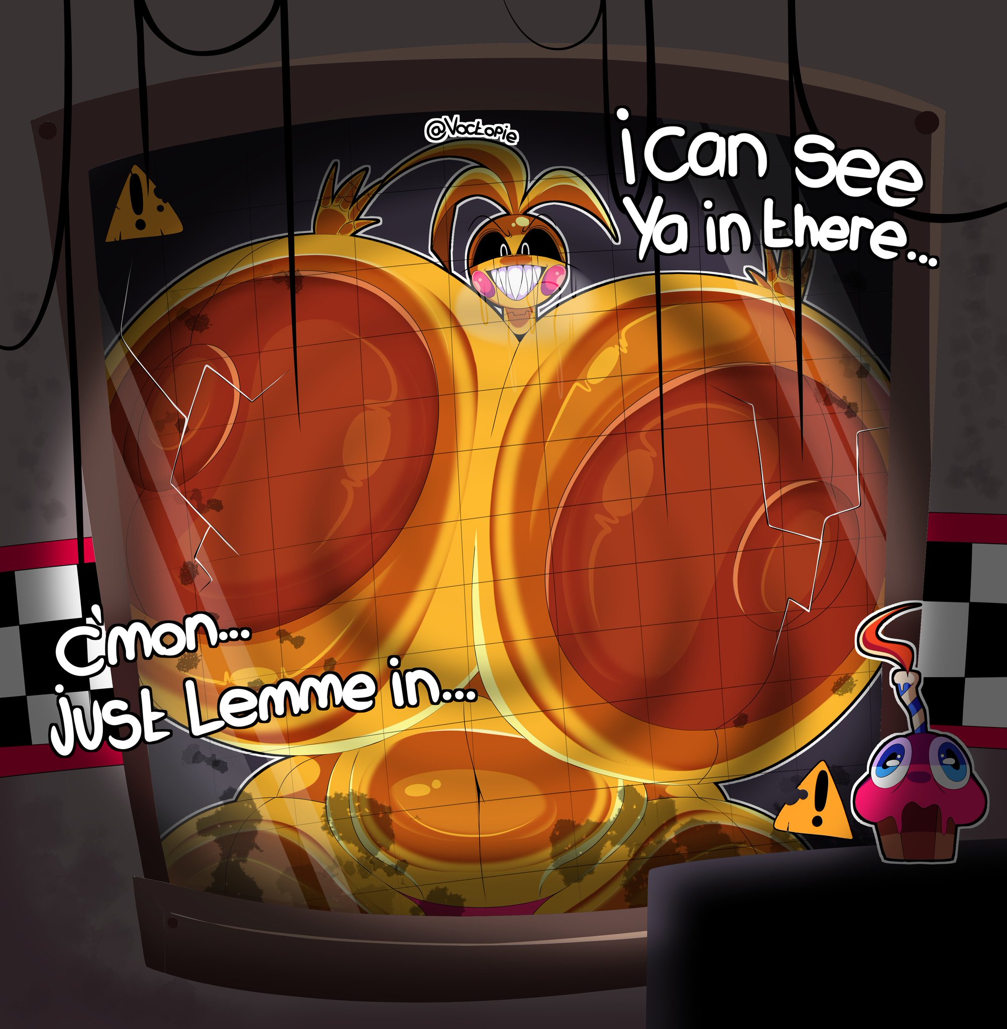 1girl, 1girls, big breasts, breasts, breasts bigger than head, breasts out, female, female focus, female only, five nights at freddy's, five nights at freddy's 2, giant breasts, gigantic breasts, huge breasts, hyper, hyper breasts, large breasts, looking at viewer, massive breasts, sharp teeth, solo, solo female, solo focus, staring, staring at viewer, toy chica (fnaf), voctopie, voluptuous, voluptuous body, voluptuous female