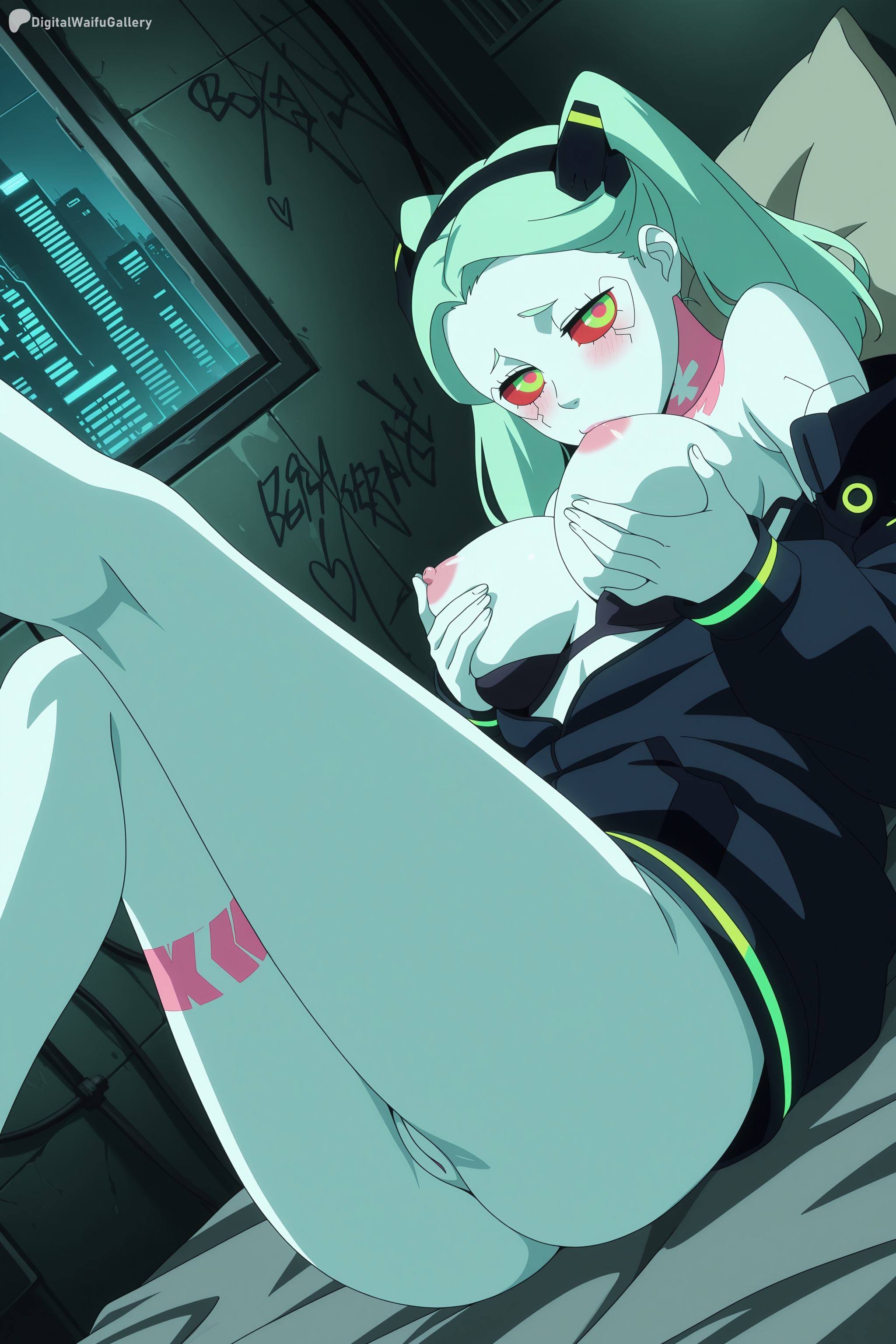 1girl, ai generated, ass, blue skin, blush, breasts, cyberpunk: edgerunners, digitalwaifugallery, hi res, high quality, high resolution, large breasts, looking at viewer, lying, nipples, patreon, pillow, pussy, rebecca (edgerunners), seductive, sexy, solo, twintails, uncensored, watermark, yellow eyes