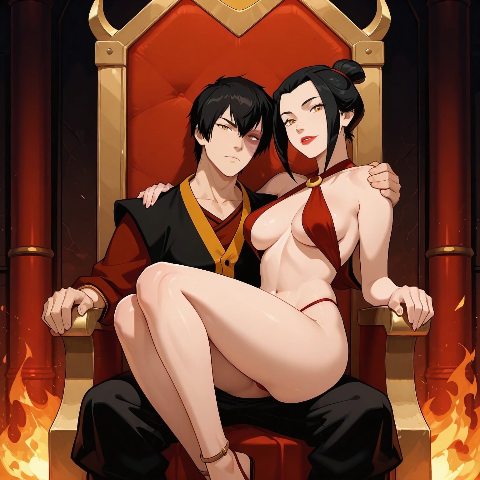 ai generated, avatar legends, avatar the last airbender, azula, black hair, brother, brother and sister, incest, incest (lore), nickelodeon, royalty, sister, submissive, submissive female, tagme, throne, zuko
