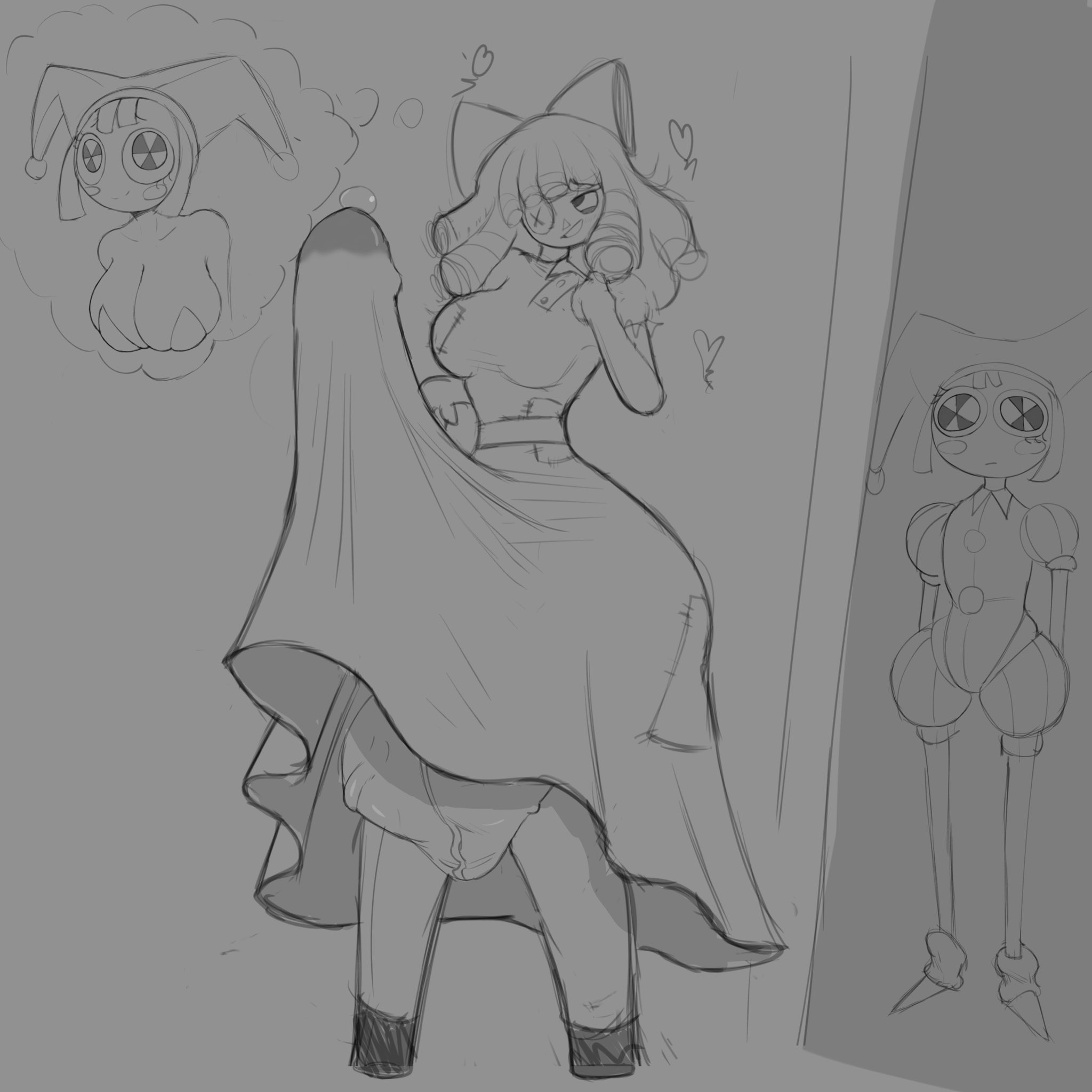 1futa, 2girls, balls, big balls, blush, boobs, breasts, bulge, bulge through clothing, clothing, dress, erection, futanari, glitch productions, greyscale, heart symbol, jester, jester hat, jester outfit, megamor, pomni (the amazing digital circus), precum, precum drip, ragatha (the amazing digital circus), ragdoll, scrotum, scrotum flap, sewing, size difference, sketch, stitches, testicles, the amazing digital circus, veiny balls, veiny testicles