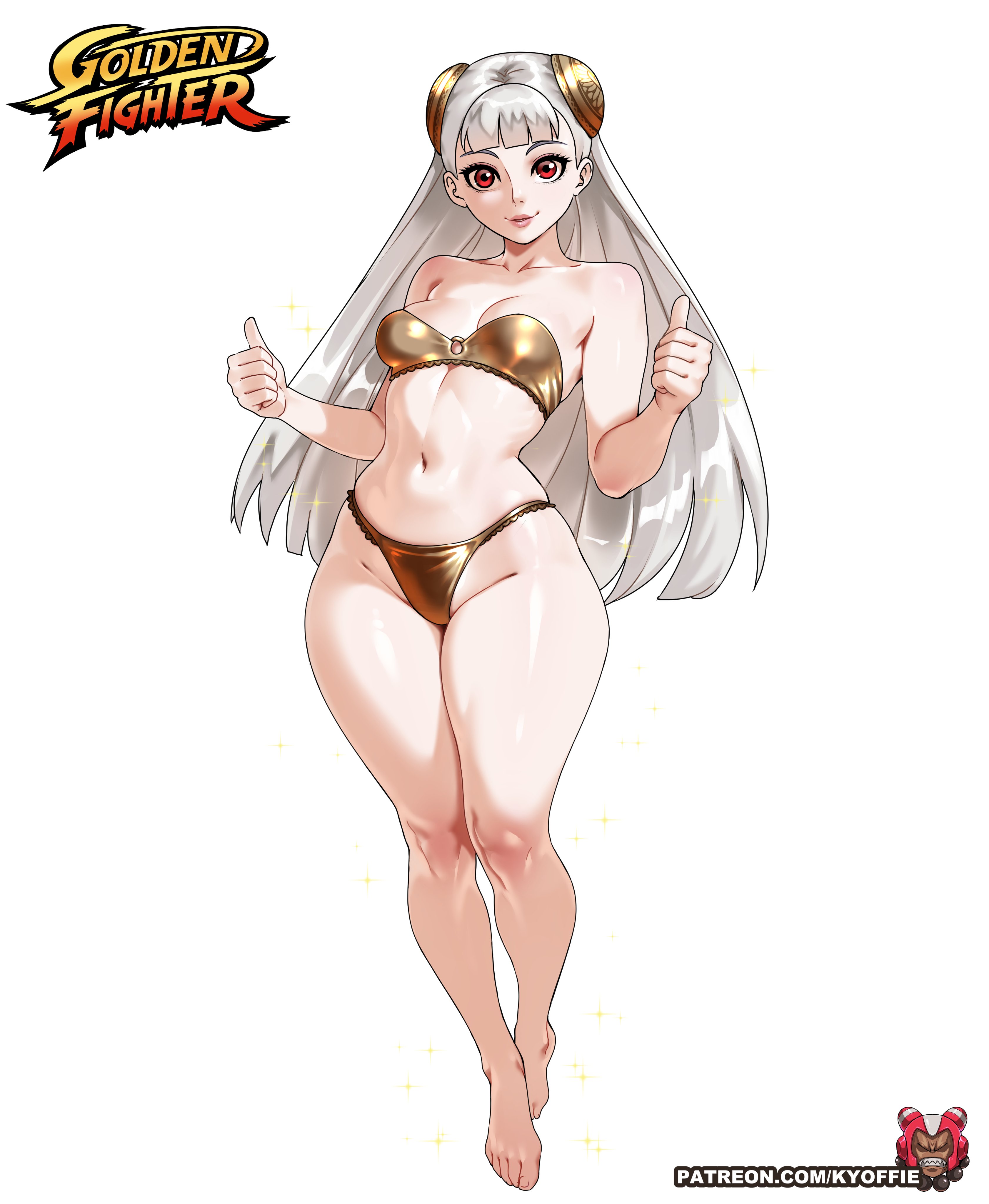 bikini, capcom, golden bikini, hi res, hourglass figure, ingrid (capcom), kyoffie, long hair, red hair, street fighter, street fighter 6, thighs, thumbs up, watermark, white hair