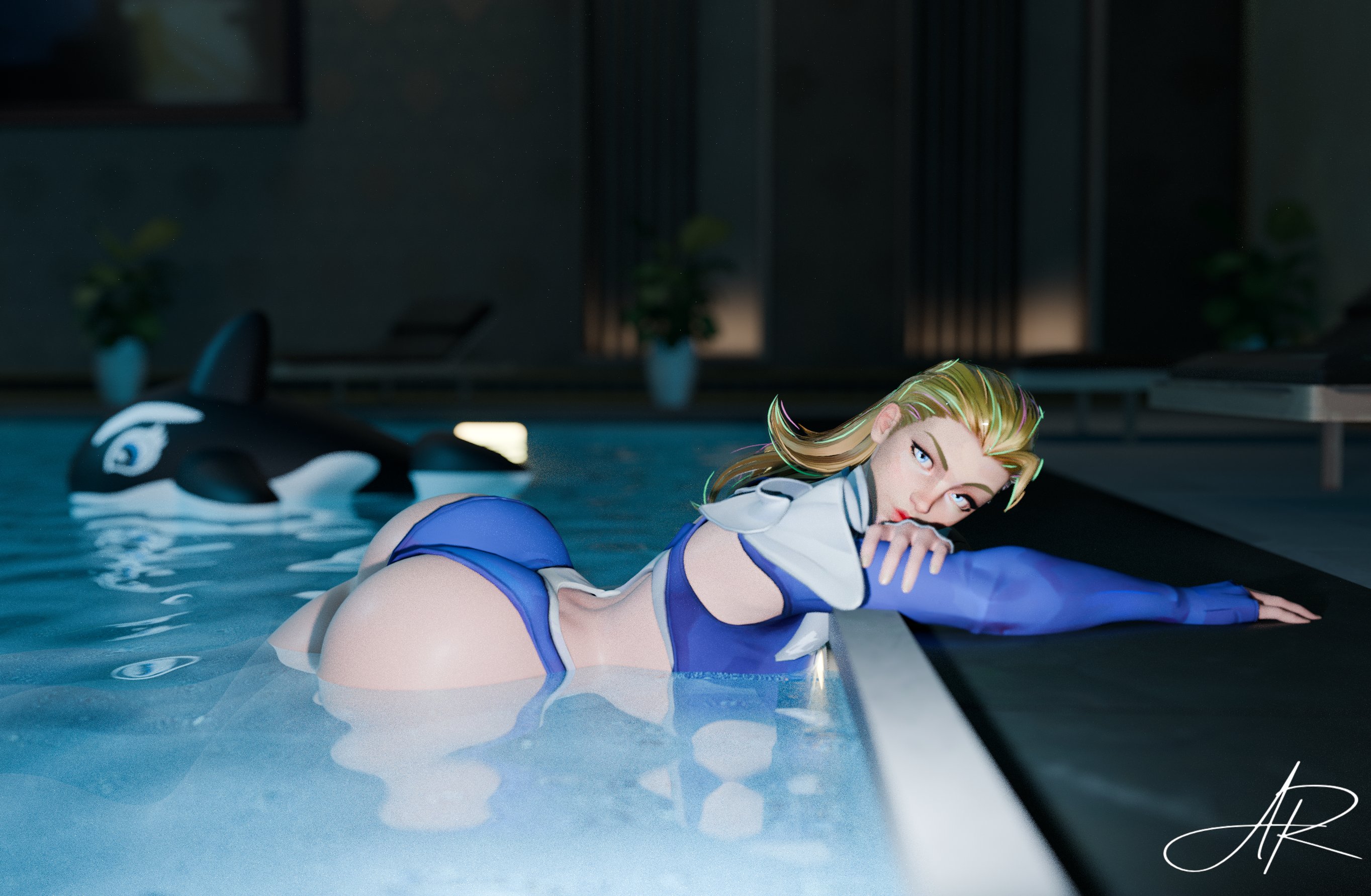 1girls, 3d, ass, ass bigger than head, big ass, blonde female, curvy, curvy female, curvy figure, fantastic four, female, female only, invisible woman, invisible woman (azure shade), invisible woman (marvel rivals), marvel, marvel comics, marvel rivals, mrrojas21, poolside, sue storm, susan storm
