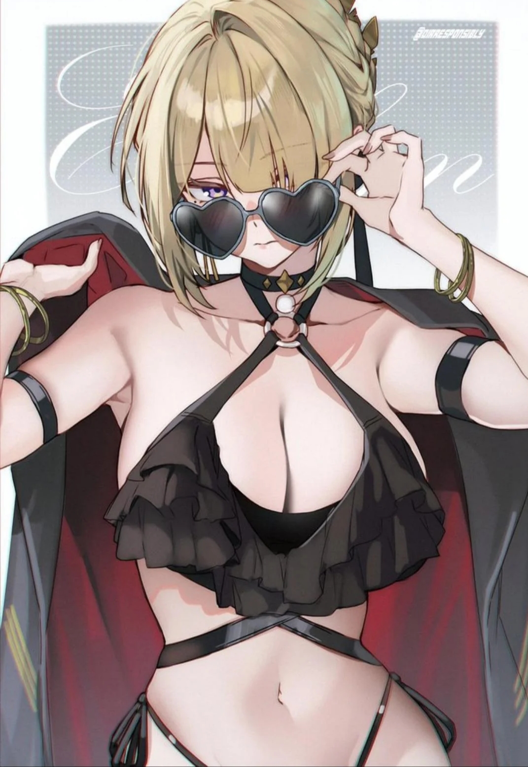 1girl, adjusting eyewear, bikini, evelyn chevalier, long hair, long nails, looking over eyewear, looking over sunglasses, shades, sunglasses, swimsuit, tinted eyewear, zenless zone zero