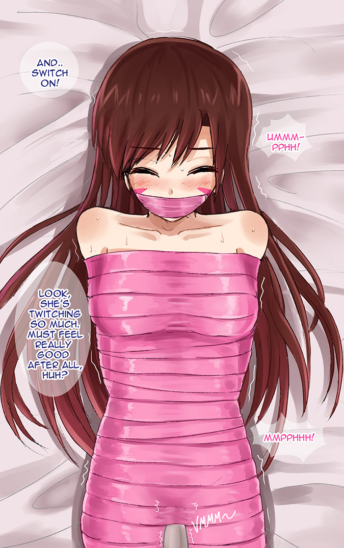 bare_shoulders blizzard_entertainment blush bondage bound closed_eyes d.va dialogue female femsub forced forced_orgasm gag gagged gagged_speech jitan777 long_hair overwatch restrained speech_bubble sweat tape tape_bondage tape_gag taped_mouth text trembling vibrator wrapped