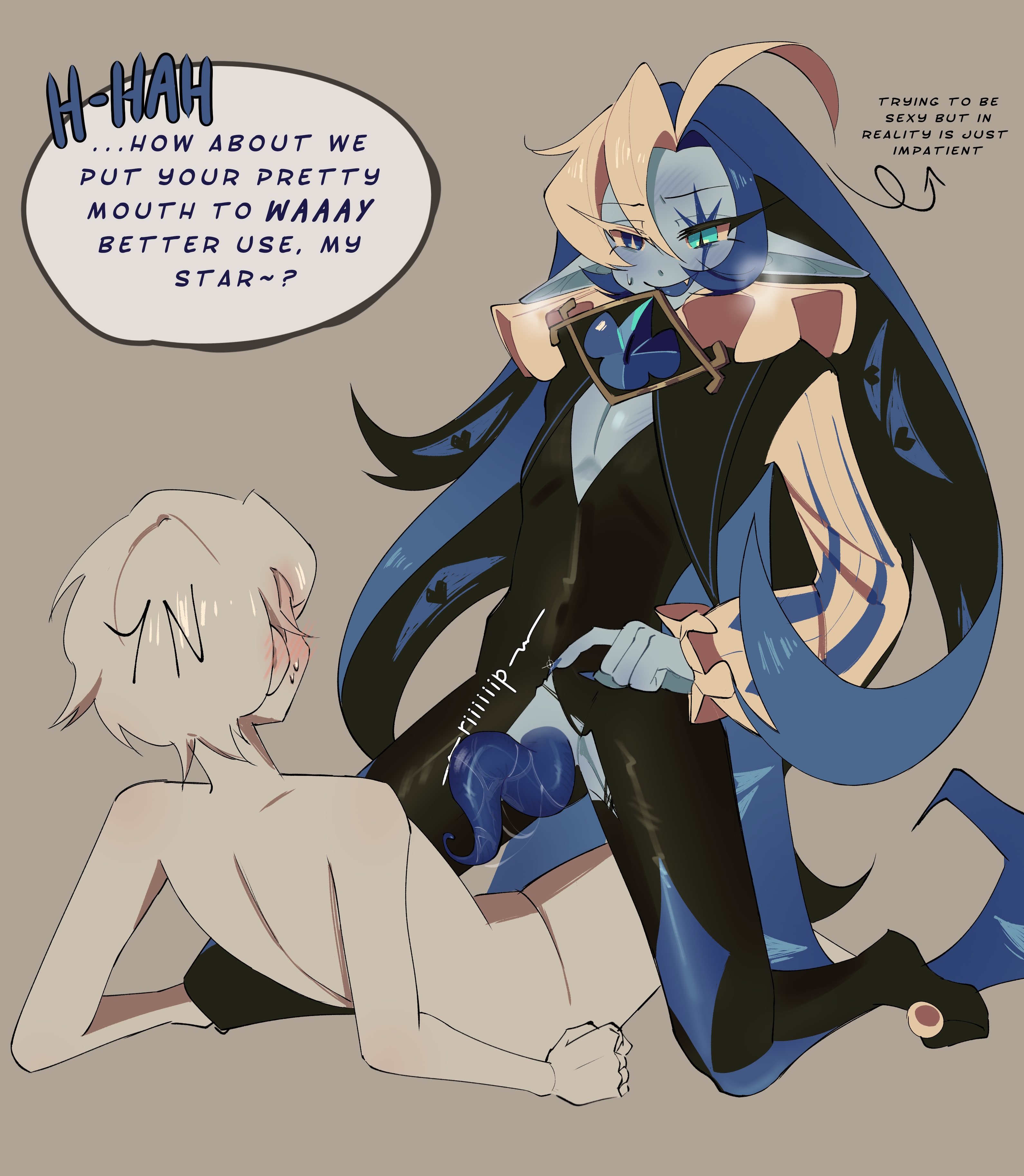 1boy, ahoge, anon, blue penis, blush, cookie run, cookie run kingdom, dialogue, elf ears, fang, flustered, heart-shaped pupils, heterochromia, jester, long hair, male, multiple eyes, power bottom, ripped bodysuit, ripping clothing, shadow milk cookie, shaved crotch, smug grin, spread legs, straddling, sweatdrop, tentacle dick, tentacle penis, y/n