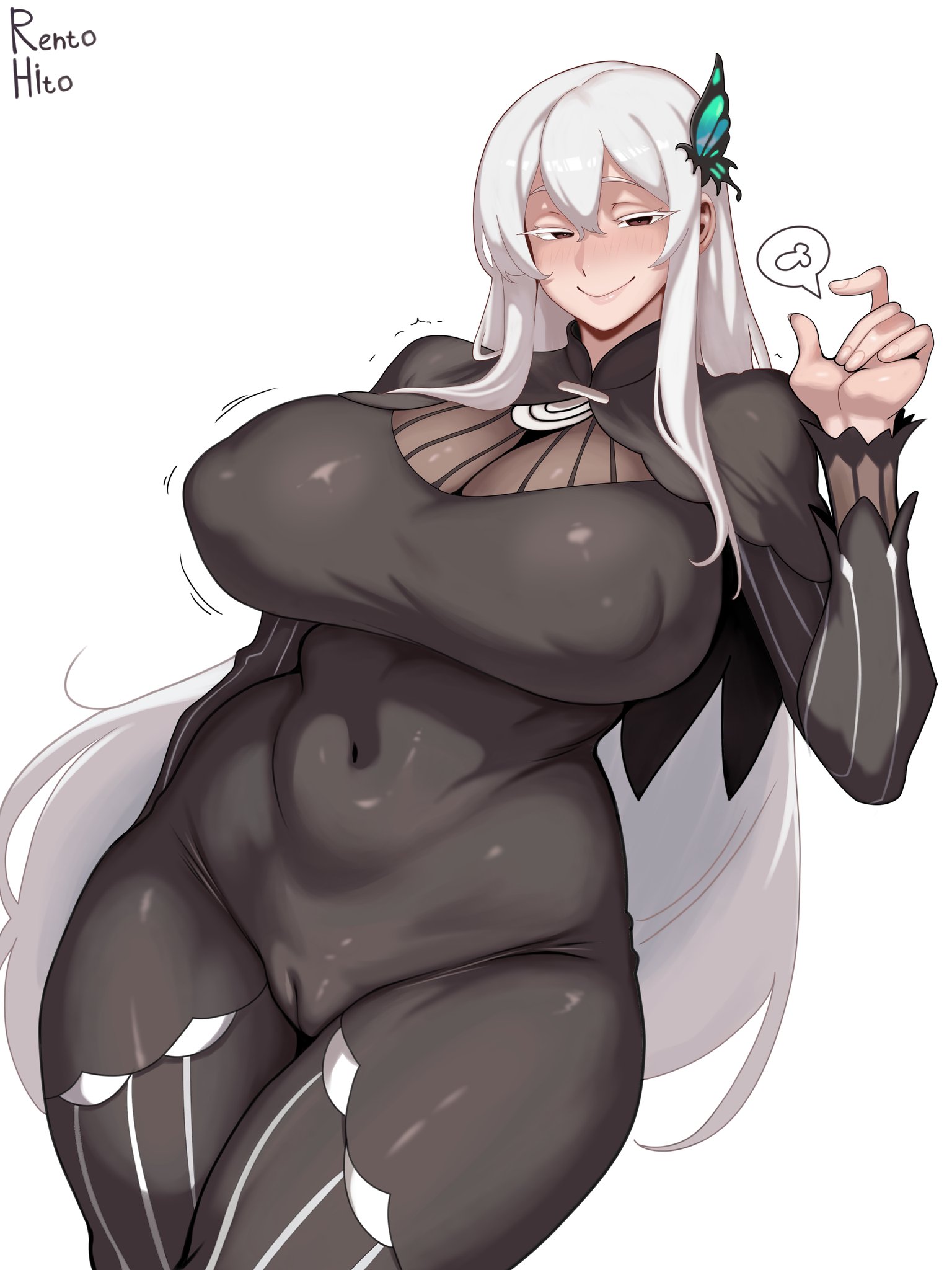 1girls, artist name, artist signature, ass, big ass, big breasts, breasts, breasts bigger than head, butterfly, butterfly hair ornament, clothed, clothing, covered breasts, covered navel, covered nipples, curvy, curvy body, curvy female, echidna (re:zero), eyelashes, female, female only, fully clothed, fully clothed female, horny, horny female, huge breasts, large breasts, long hair, looking at viewer, milf, milf body, navel, navel visible through clothes, nipples visible through clothing, pussy, pussy visible through clothes, re:zero kara hajimeru isekai seikatsu, rento hito (artist), smile, smiling, smiling at viewer, tagme, tagme (artist), thick, thick ass, thick legs, thick thighs, thighs, tight clothes, tight clothing, toned stomach, voluptuous, voluptuous body, voluptuous female, white eyelashes, white hair