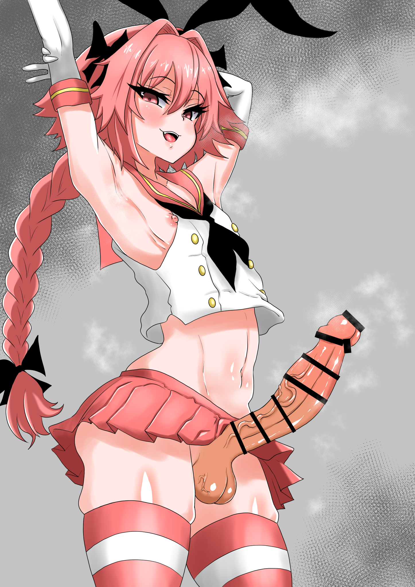1boy, 774noenju, armpit fetish, armpits, astolfo (fate), balls, bar censor, big penis, censored, crossdressing, cute fang, erection, fate (series), fate/grand order, femboy, feminine male, huge cock, hung femboy, hung trap, light-skinned male, long hair, looking at viewer, male, male only, musk, otoko no ko, penis, pink eyes, pink hair, ponytail, shimakaze (kantai collection) (cosplay), shiny skin, skirt, solo, steam, stretching, striped thighhighs, thighhighs, trap, veiny penis