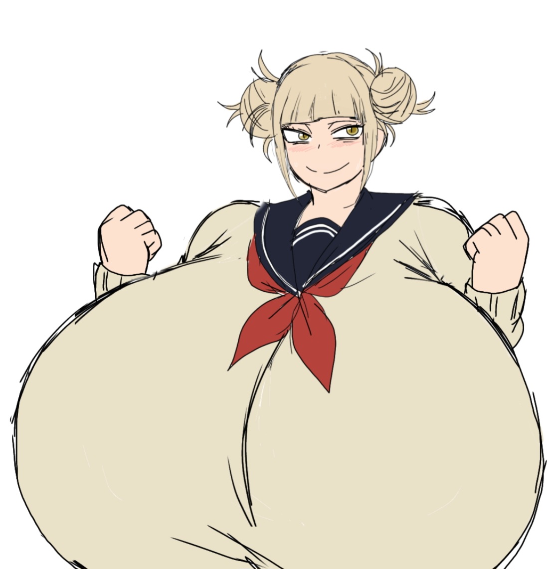 1girls, 2d, 2d (artwork), alternate breast size, big breasts, blonde hair, blonde hair female, blush, blushing, breasts, breasts bigger than head, crazy, crazy female, hands, himiko toga, japanese, japanese female, large breasts, momiji (artist), my hero academia, solo, solo female, solo focus, supervillainess, toga himiko, upper body, upper body focus, white background, yellow eyes, yellow eyes female