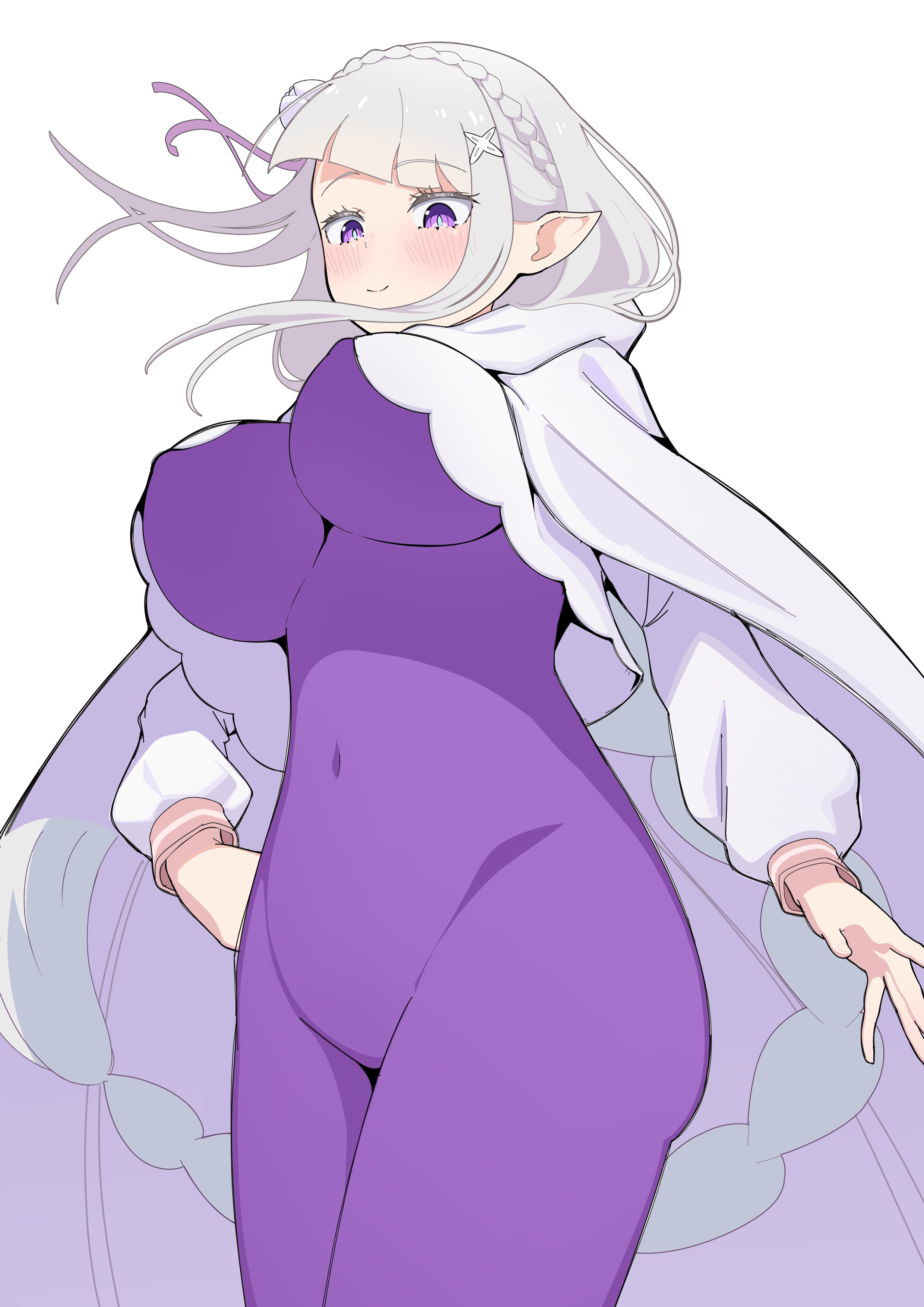 1girls, belly, elf, elf ears, elf female, emilia (re:zero), hips, jumpsuit, large breasts, light skin, nipple bulge, pale skin, pale-skinned female, purple clothing, purple eyes, purple theme, re:zero kara hajimeru isekai seikatsu, silver hair, solo, standing, takotako 1225, thick thighs, tight clothing, underboob, white background, white cloak