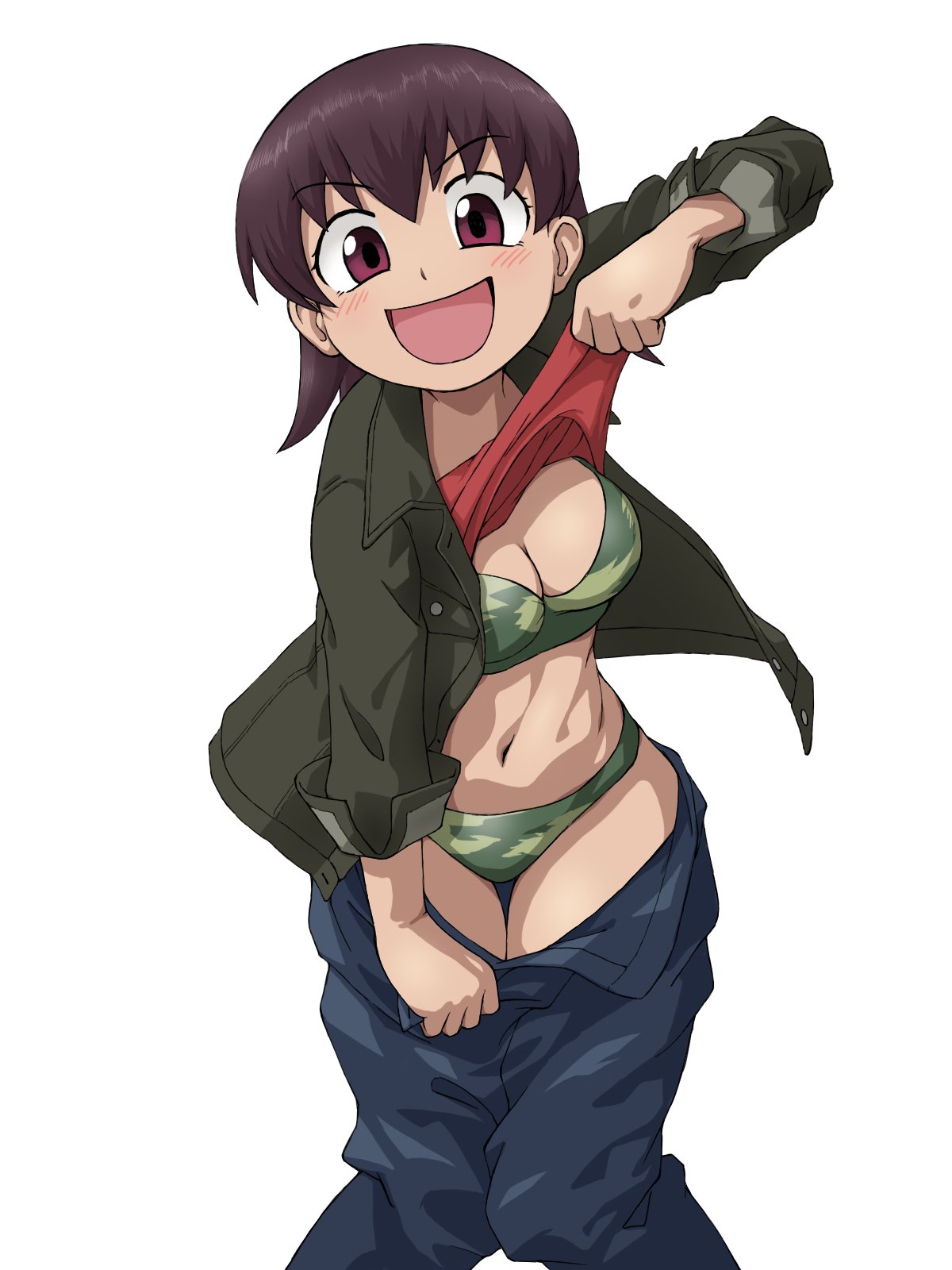 azumanga daiou, camouflage bikini, flashing, flashing at viewer, flashing panties, medium breasts, short hair, showing off, smile, tomo takino, yass hero