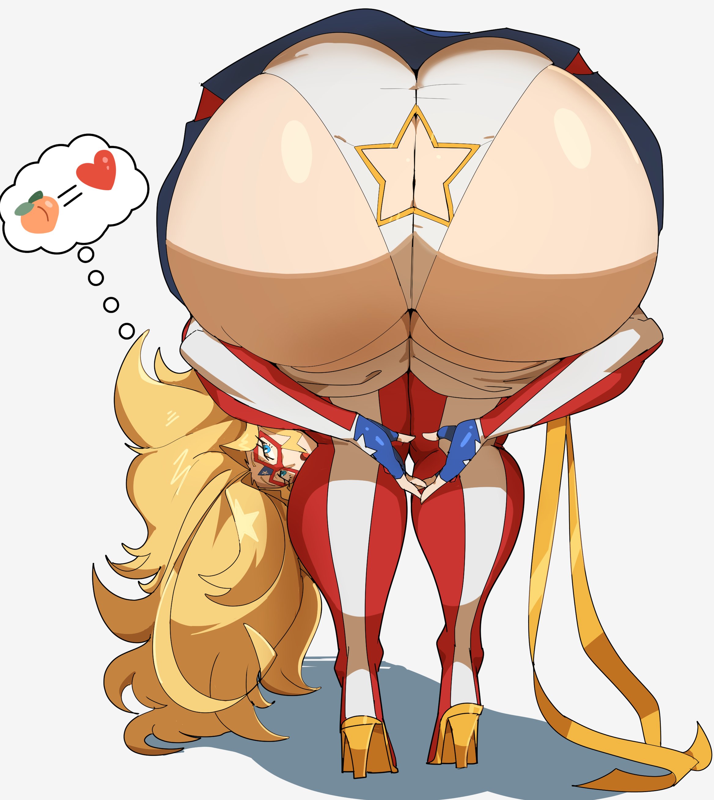 1girl, 1girls, 1human, 2d, american flag print, ass, ass focus, ass up, bent over, big ass, blonde, blonde female, blonde hair, blue eyes, blue eyes female, blue-eyed female, bubble ass, bubble butt, butt focus, butt up, charlotte vanders, clothed, clothed female, emoji, female, female ass, female ass focus, female butt, female only, from behind, heart, heart hands, heart symbol, huge ass, human, human female, human only, kamen america, kamen america (character), large ass, light skin, light-skinned female, loftysundew, long hair, massive ass, peach (fruit), peach emoji, praise da booty (meme), presenting, presenting ass, presenting butt, presenting hindquarters, shadow, simple background, solid color background, solo, solo female, solo human, star, top down bottom up, wide hips