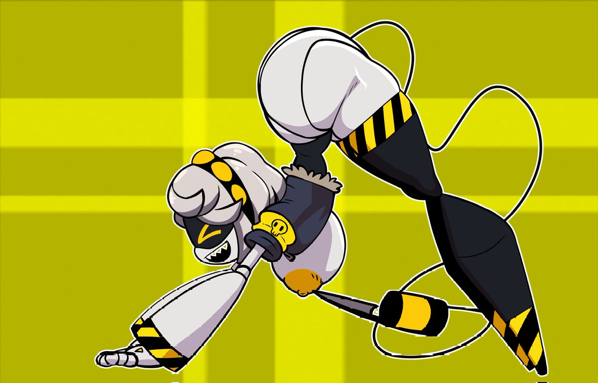1girls, breasts, female, female focus, female only, grey hair, murder drones, sharp teeth, smile, smiling, solo, solo female, solo focus, tail, tannicfer, v (murder drones), yellow background, yellow eyes