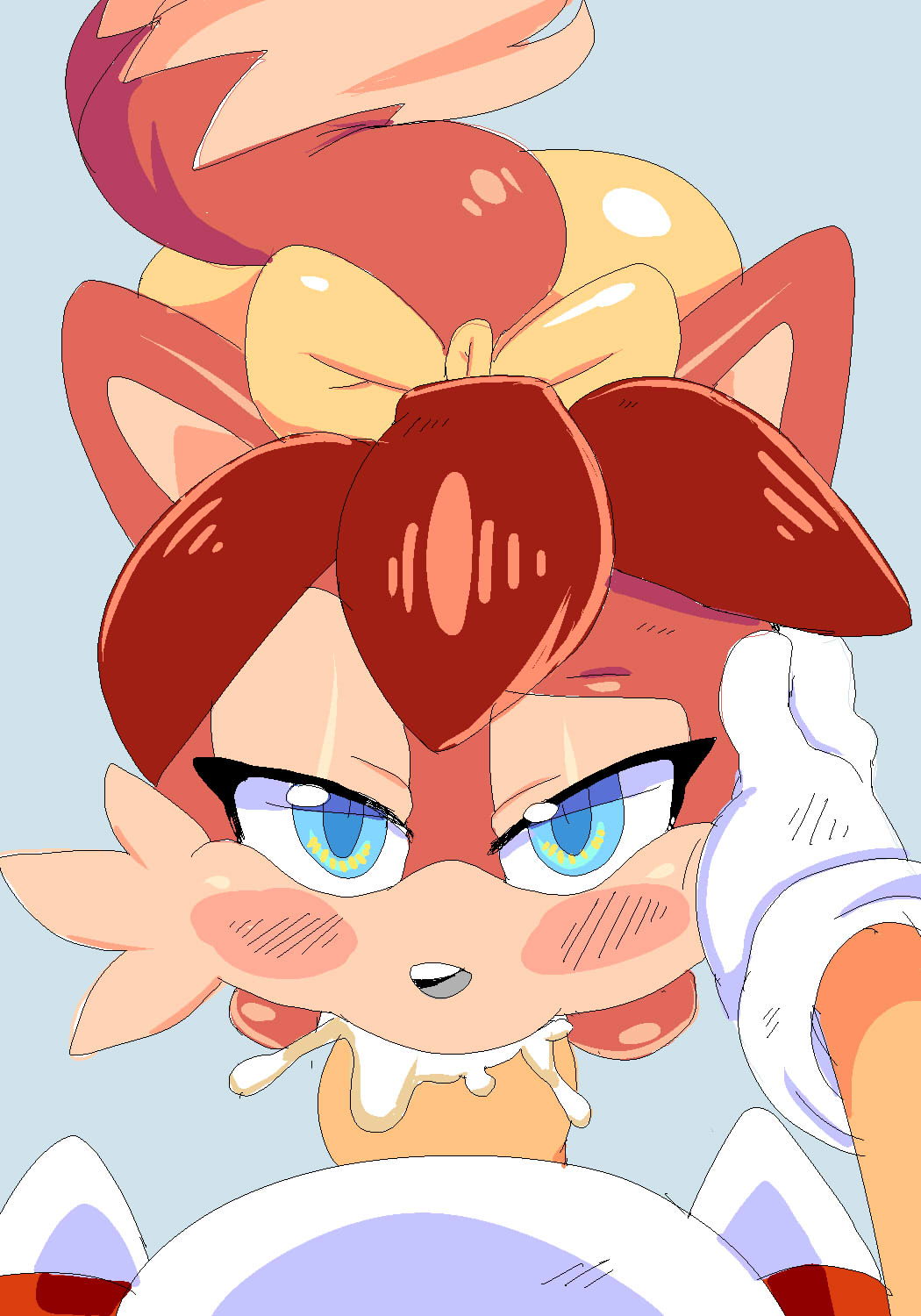 anthro, archie comics, ass, black nose, blue eyes, canine, cloudz, cum, cum explosion, cum in mouth, cum leaking, duo, fellatio, female, fiona fox, fox, furry, gloves, hand on head, kneeling, looking at viewer, looking up, male, mammal, markings, oral, orange fur, penis, pov, red fur, red hair, sega, shoes, simple background, sonic (series), sonic the hedgehog (archie), sonic the hedgehog (comics), sonic the hedgehog (series), straight, sucking, tail, tail markings, tails, tails the fox, tie, white gloves, yellow fur