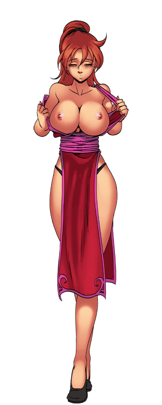 breasts breasts_out brown_eyes dress final_fight harem_heroes maki_genryusai nutaku ponytail red_battler_(harem_heroes) red_hair