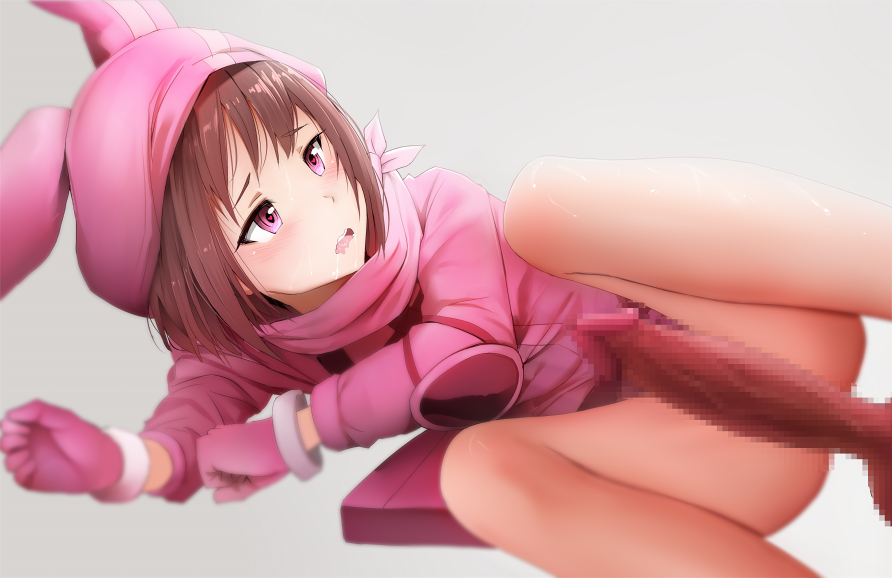 2018 blush bottomless brown_hair censored drooling erection eyebrows_visible_through_hair female ginhaha gloves gun_gale_online hat heart heart-shaped_pupils hoodie llenn_(sao) long_sleeves lying mosaic_censoring on_side penis pink_eyes pink_gloves pink_hat saliva simple_background sword_art_online sword_art_online_alternative:_gun_gale_online symbol-shaped_pupils