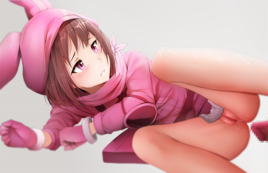 2018 anus blush bottomless brown_hair censored drooling eyebrows_visible_through_hair female ginhaha gloves gun_gale_online hat heart heart-shaped_pupils hoodie kohiruimaki_karen llenn_(sao) long_sleeves lying mosaic_censoring on_side penis pink_eyes pink_gloves pink_hat pussy pussy_juice saliva simple_background sword_art_online sword_art_online_alternative:_gun_gale_online symbol-shaped_pupils teeth