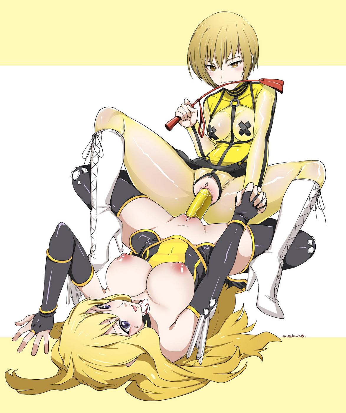 2girls alternate_costume atlus blazblue:_cross_tag_battle blonde blonde_female blonde_hair blue_eyes breasts bridal_gauntlets brown_hair brown_hair_female crossover dildo dominatrix dominatrix_outfit double_dildo double_ended_dildo double_penetration eastern_and_western_character eudetenis exposed exposed_breasts exposed_pussy female female/female female_focus female_on_top female_only handholding hi_res high_heel_boots high_heels highres holding_breast holding_riding_crop large_breasts laying_down light-skinned_female light_skin long_hair megami_tensei multiple_girls nipples open_mouth pantyhose pasties persona persona_4 riding_crop rwby satonaka_chie see-through see-through_pantyhose see-through_shirt sega sex sex_toy shirt short_hair short_hair_female yang_xiao_long yellow_eyes yellow_shirt yuri