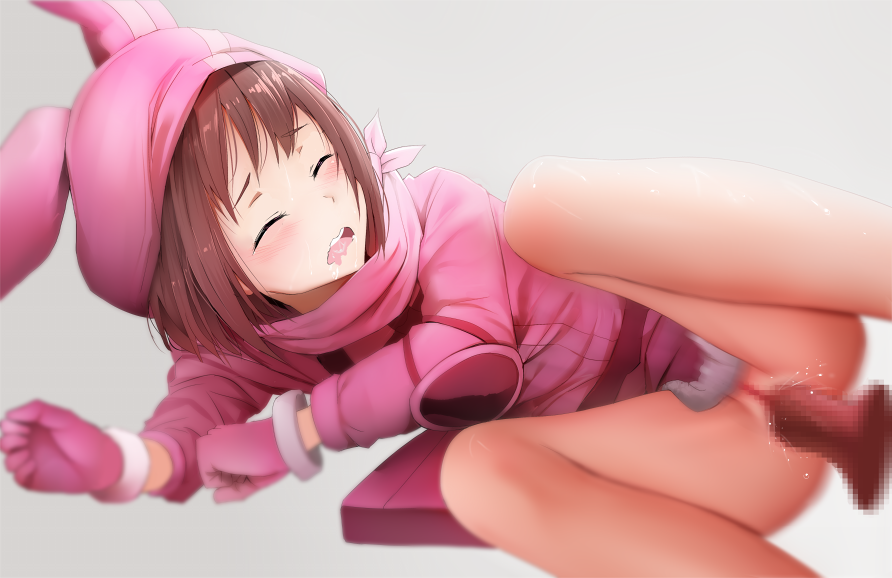 2018 blush bottomless brown_hair censored closed_eyes disembodied_penis eyebrows_visible_through_hair female ginhaha gloves gun_gale_online hat hoodie kohiruimaki_karen llenn_(sao) long_sleeves lying mosaic_censoring on_side open_mouth penis pink_gloves pink_hat pussy pussy_juice saliva sex simple_background solo_focus sword_art_online sword_art_online_alternative:_gun_gale_online teeth vaginal_penetration